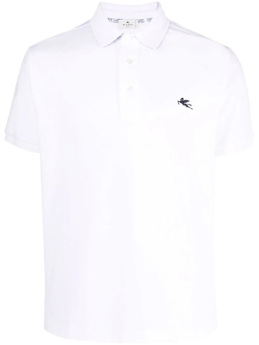 Etro Man Short Sleeve Polo Shirt In White Piquet With Black Pegasus