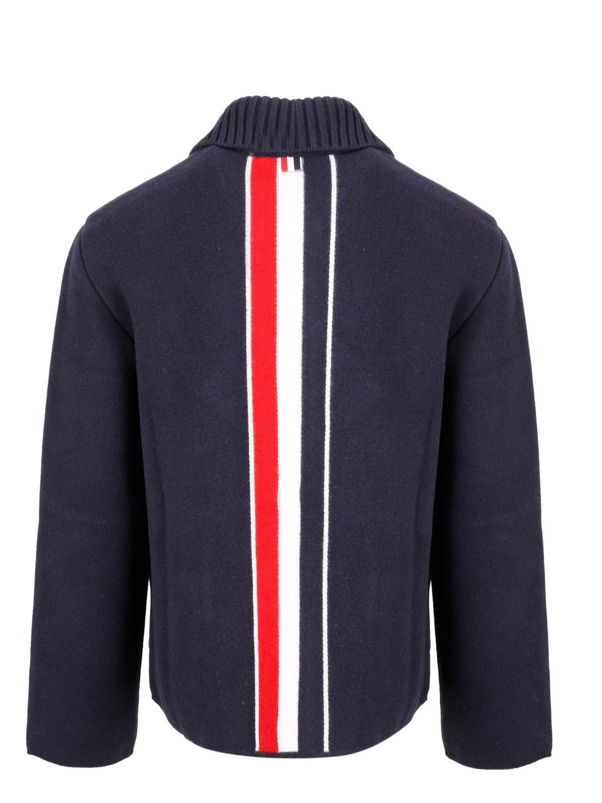 Shop Thom Browne Rwb Striped Buttoned Jacket In Blue