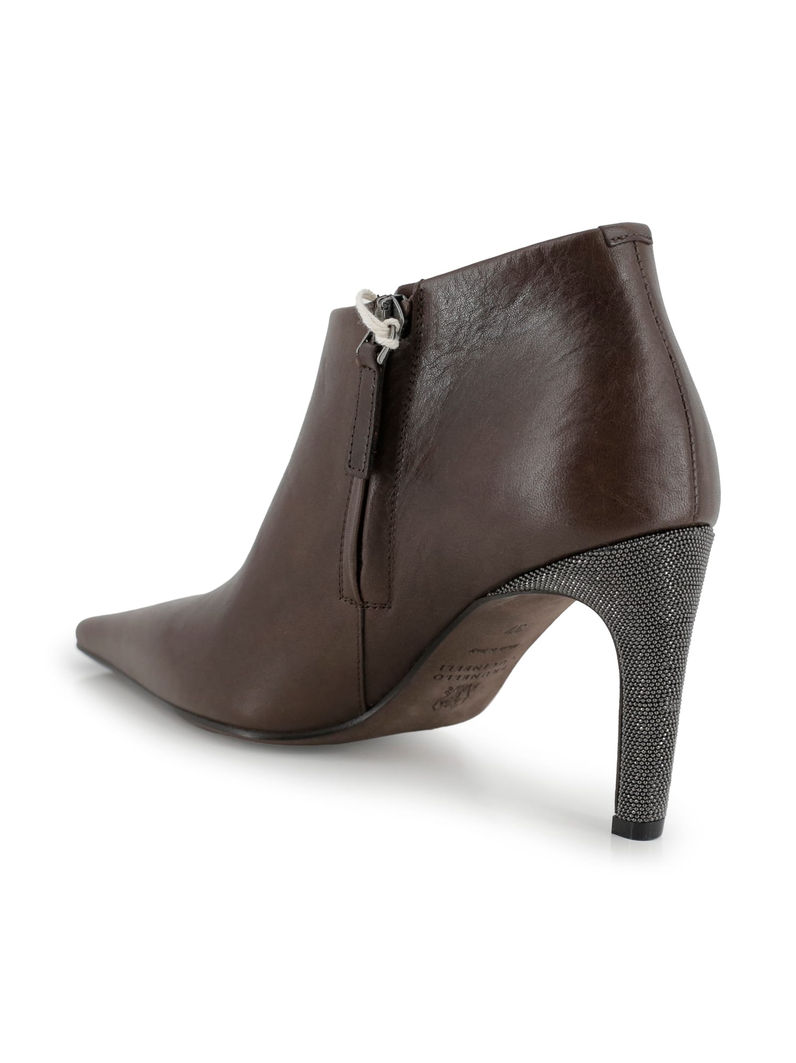 Brunello Cucinelli Pointed Ankle Boots With Glittery Heels In Brown