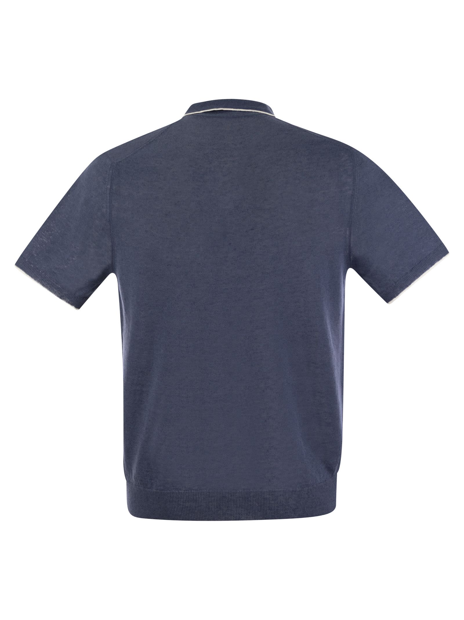 Shop Fedeli Polo Shirt With Open Collar In Linen And Cotton In Avio