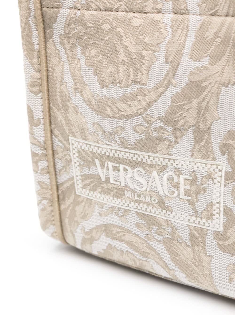 Shop Versace Mini Tote Embroidery Jacquard Barocco+calf In Beige