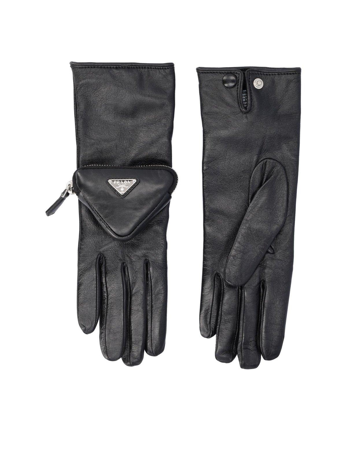 Prada Logo Pouch-detail Gloves In Nero