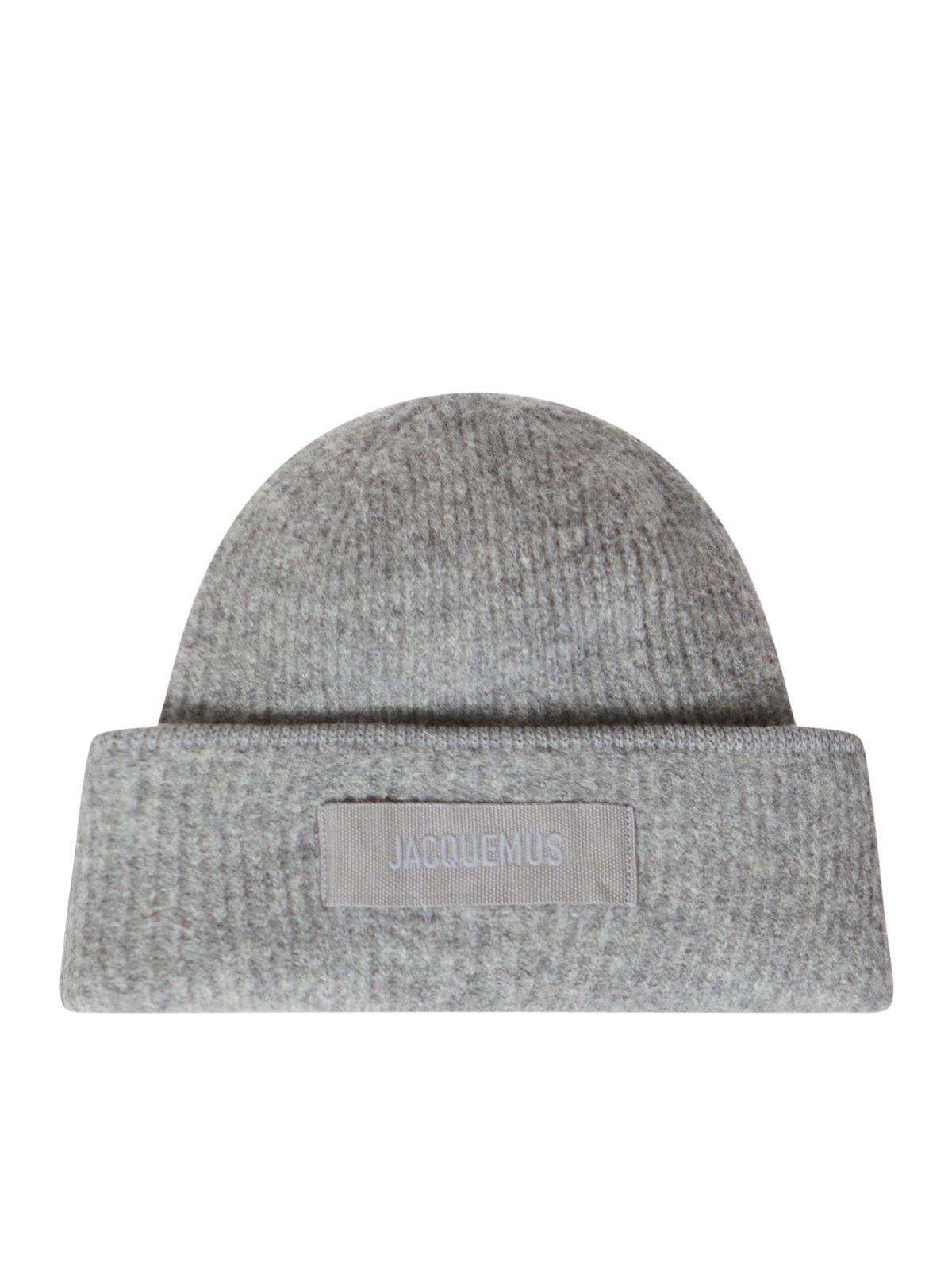 Shop Jacquemus Logo Patch Ribbed Beanie In Grey