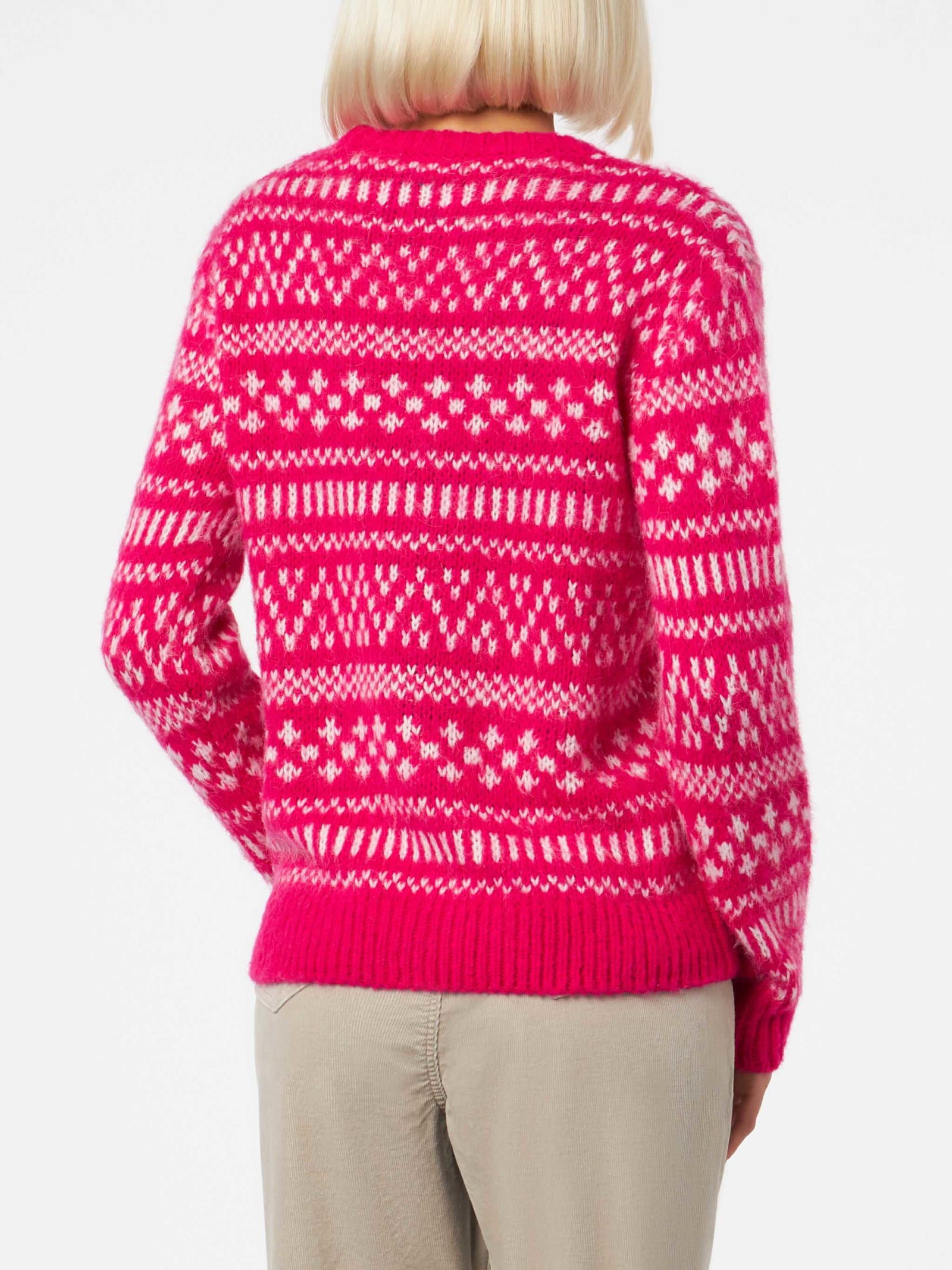 Shop Mc2 Saint Barth Woman Crewneck Soft Sweater With Fair Isle Print And Queen Of Chalet Embroidery In Pink