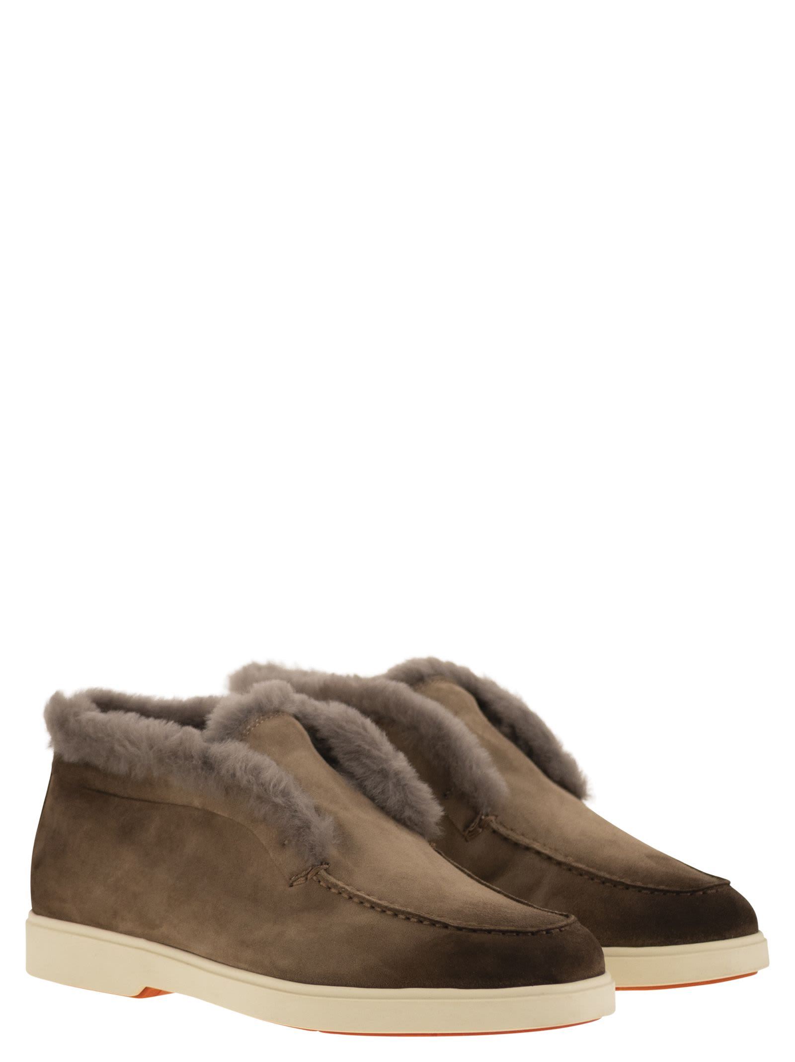 Santoni Suede And Fur Desert Boot In Brown