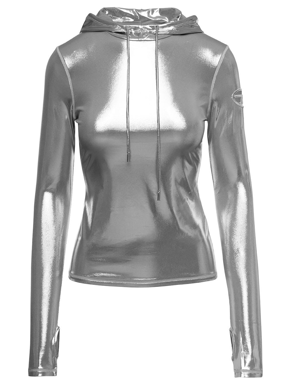 DIESEL SILVER FITTED HOODIE WITH OVAL-D CUT-OUT IN METALLIC FABRIC WOMAN