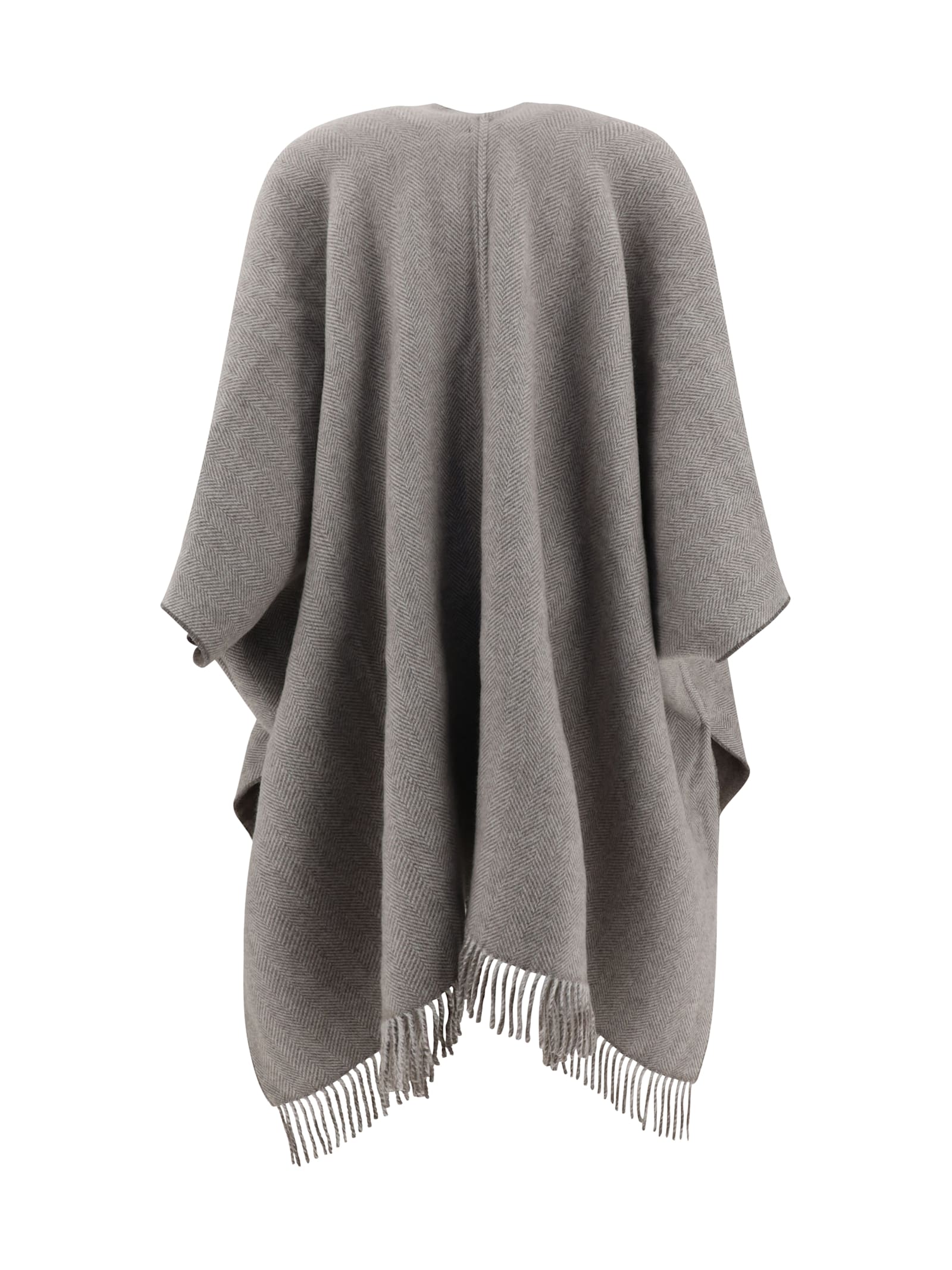 Brunello Cucinelli Reversible Cashmere Poncho Fringe Detail In Brown