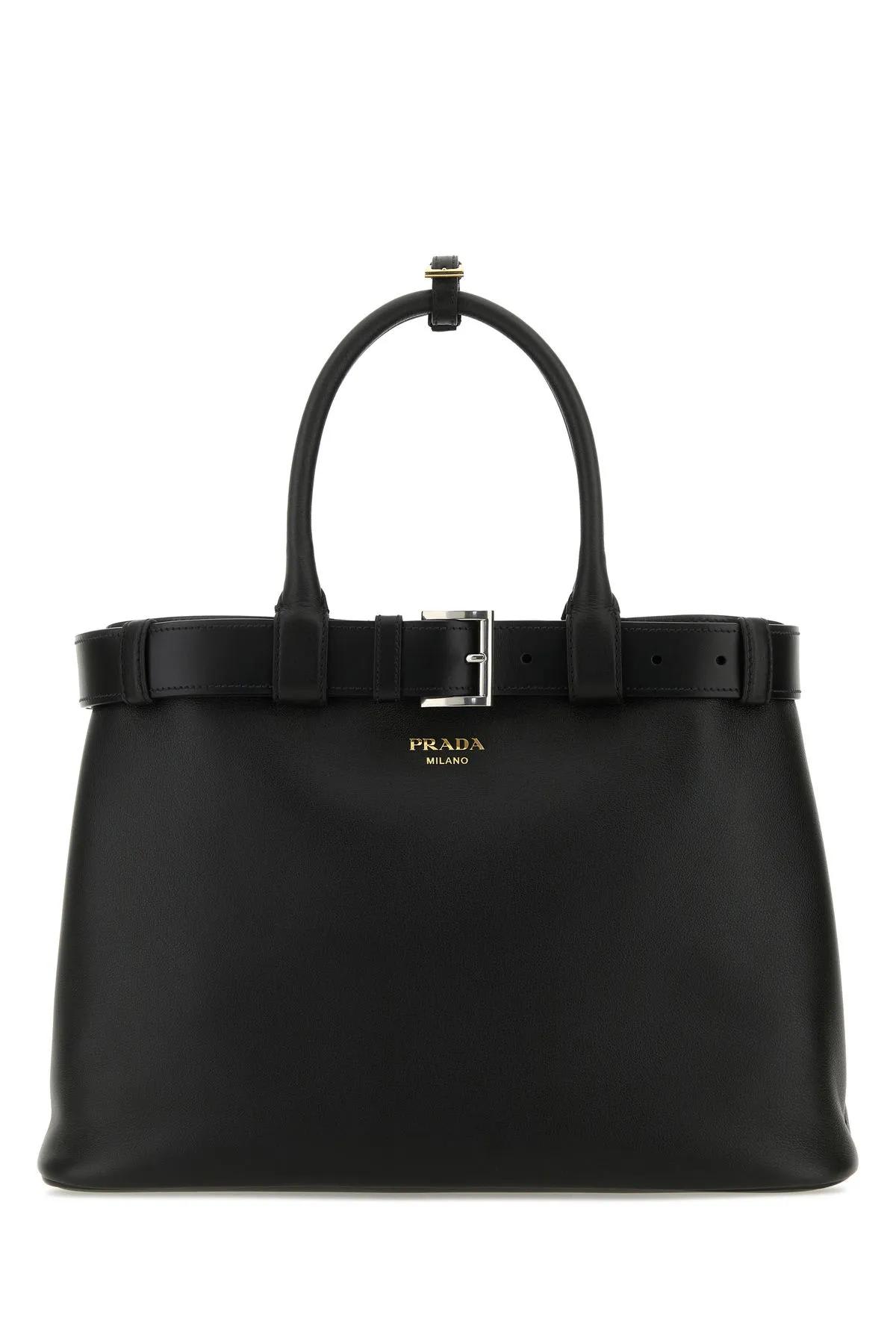 Shop Prada Black Leather Buckle Large Handbag