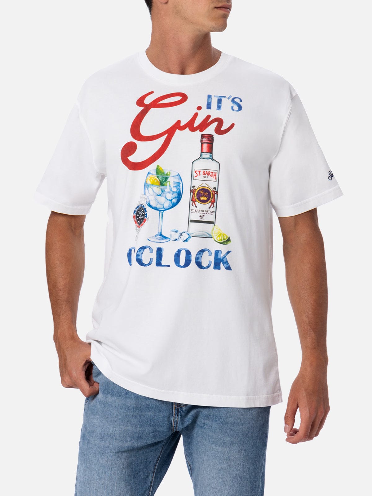 MC2 SAINT BARTH MAN COTTON T-SHIRT WITH ITS GIN OCLOCK PLACED PRINT