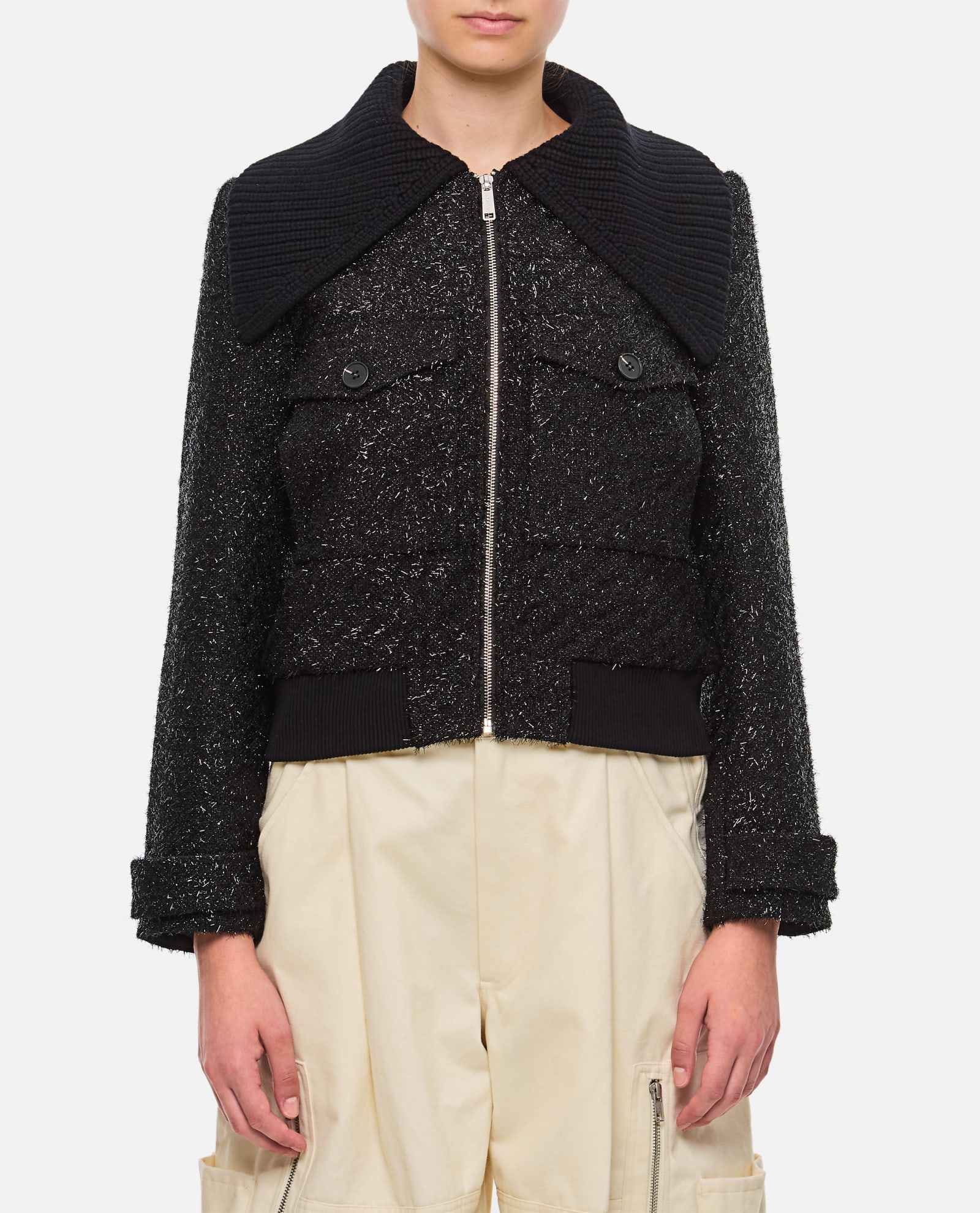 Self-portrait Black Tinsel Boucle Bomber Jacket-6 Nd Self Portrait Female In Black