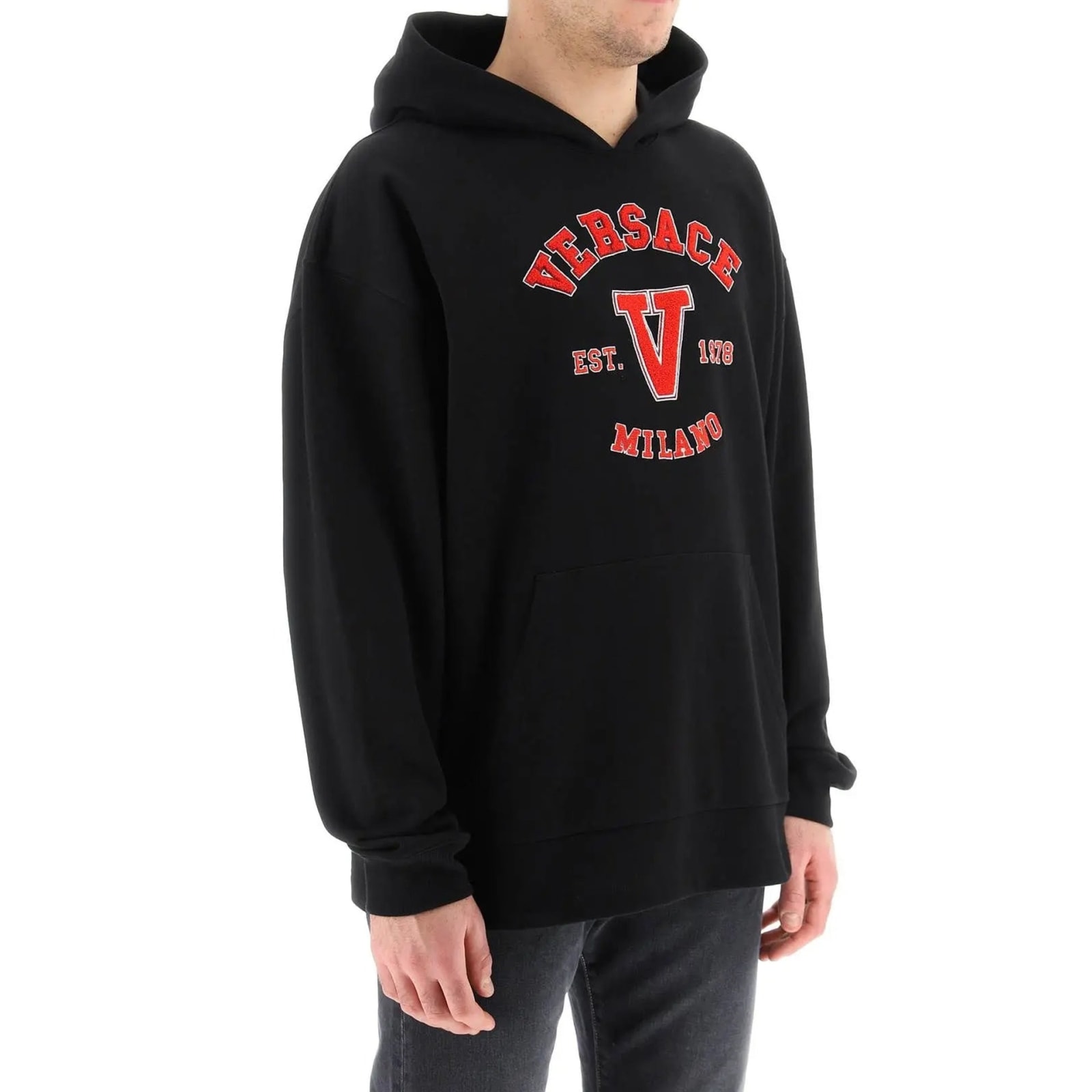 Shop Versace Varsity Hooded Sweatshirt In Black