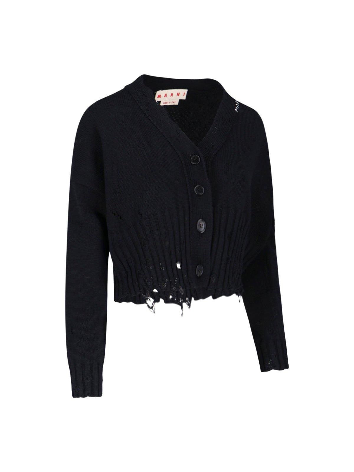 Shop Marni Distressed Cropped Knitted Cardigan In Black