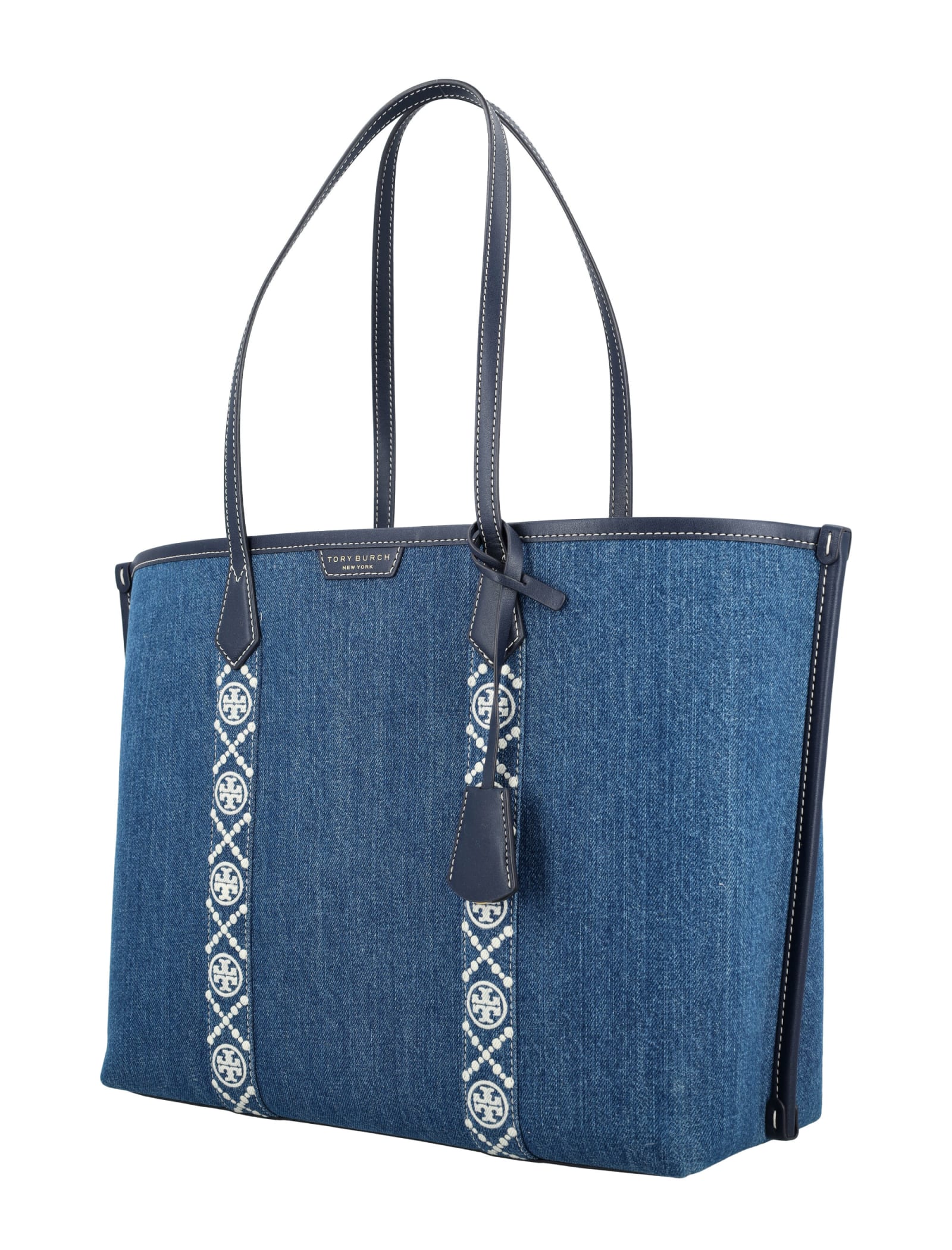 Shop Tory Burch Perry Denim Triple-compartment Tote In Denim Multi