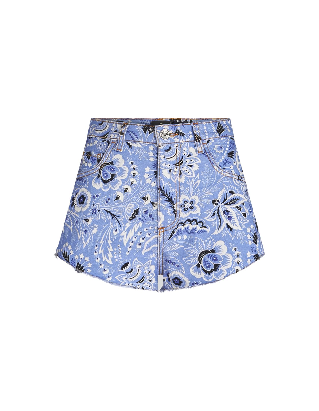 Shop Etro Light Blue Denim Shorts With Print