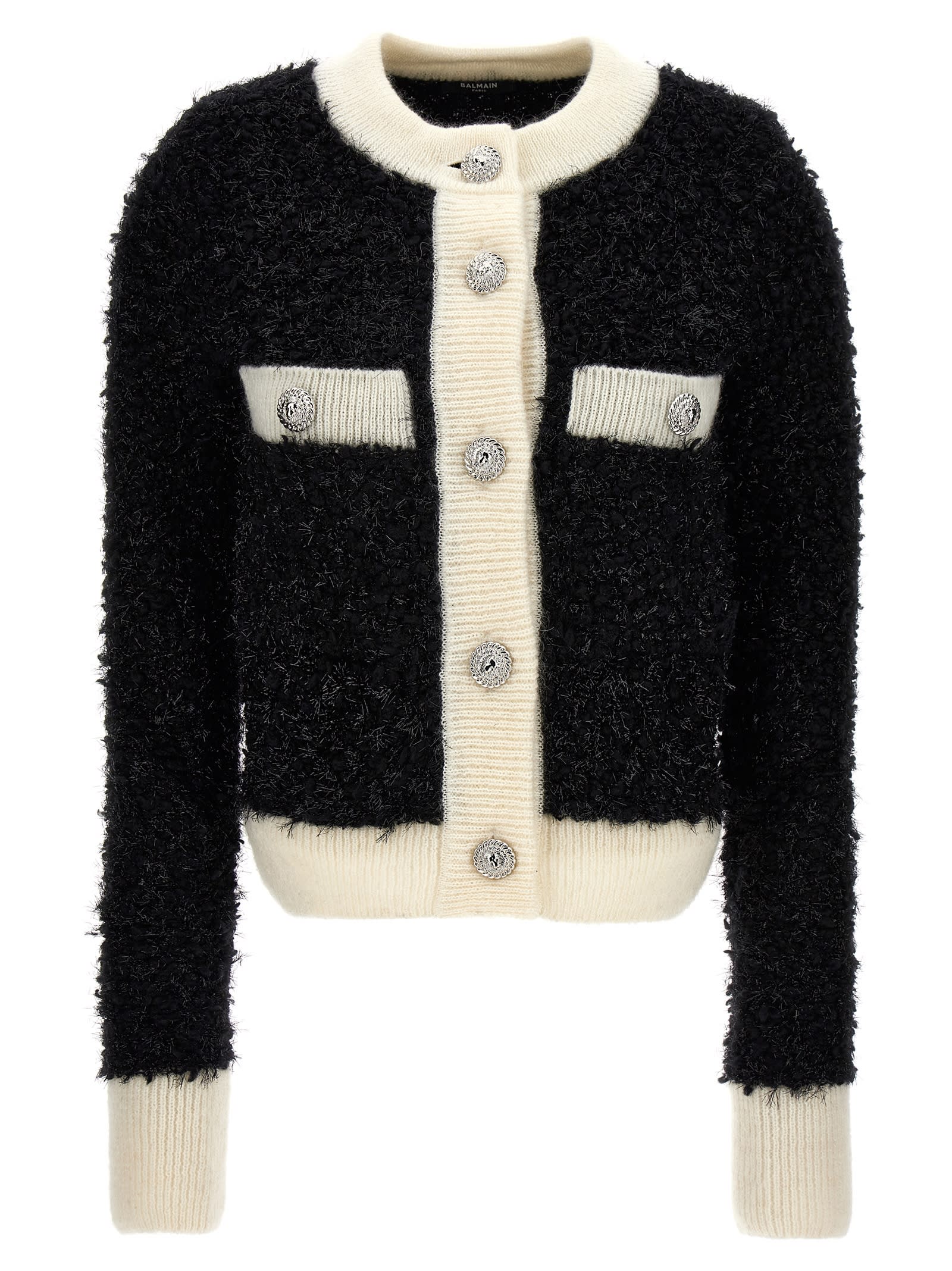 Shop Balmain Furry Tweed Cardigan In White/black