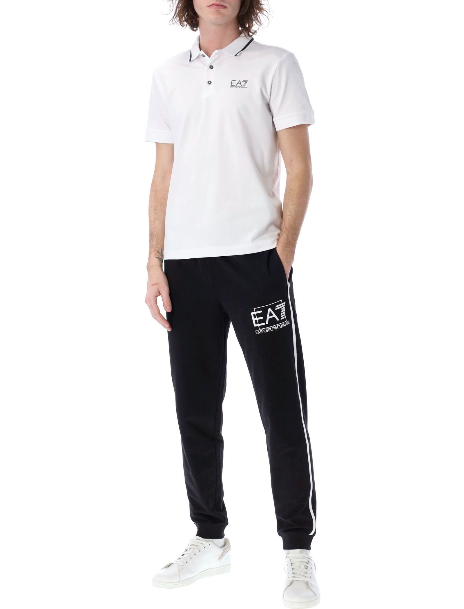 Ea7 Core Identity Stretch Piqué Polo Shirt In White