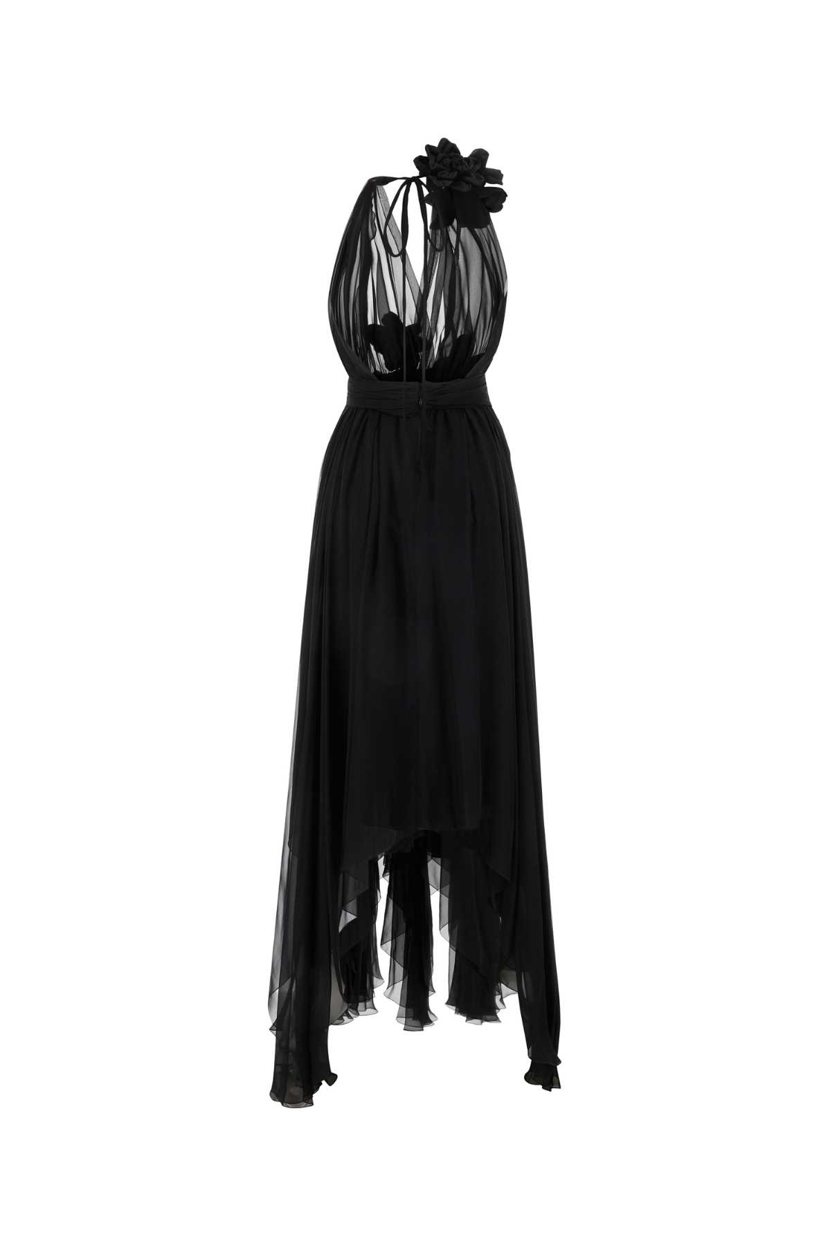Dolce & Gabbana Floral Appliqué Chiffon Dress With Asymmetric Hem In Nero