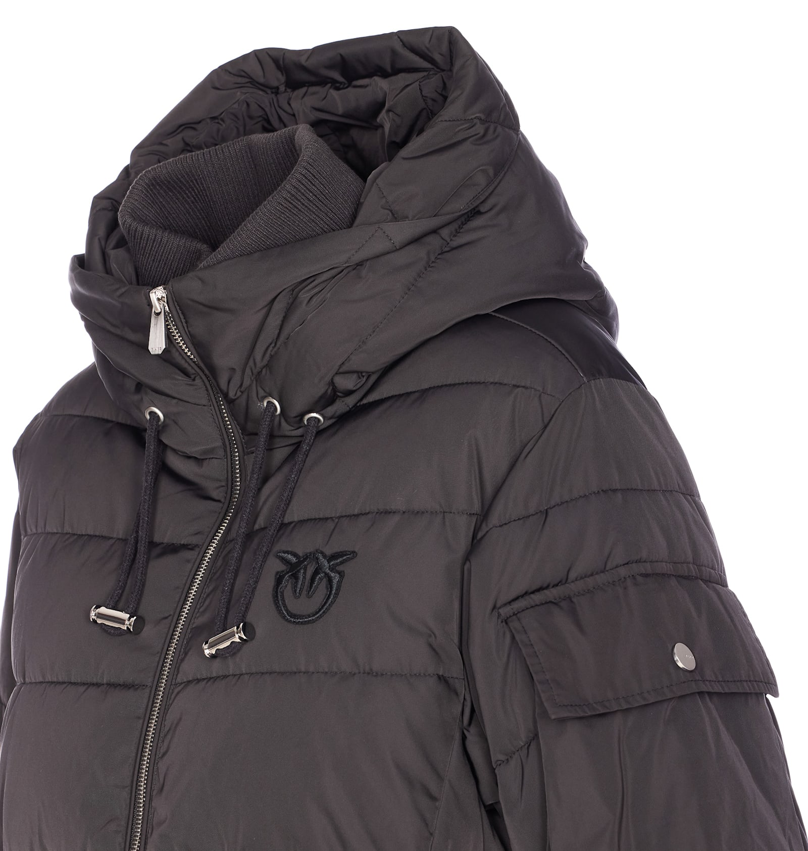 Pinko Puffer Jacket With Hood And Horizontal Quilting In Black