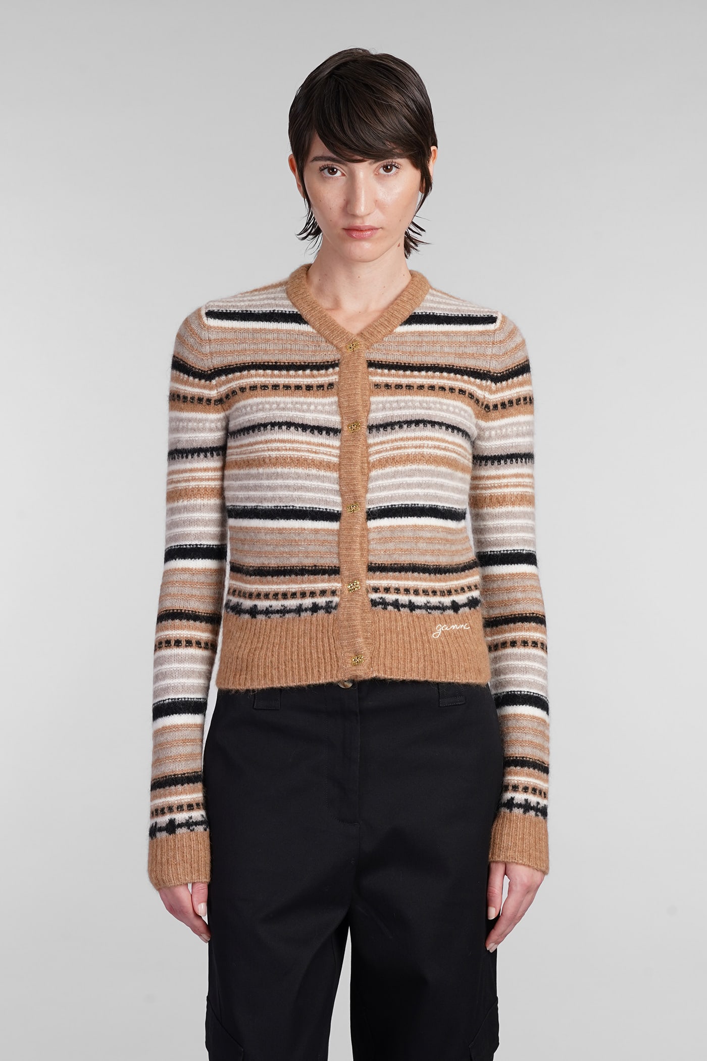 Shop Ganni Cardigan In Beige Wool