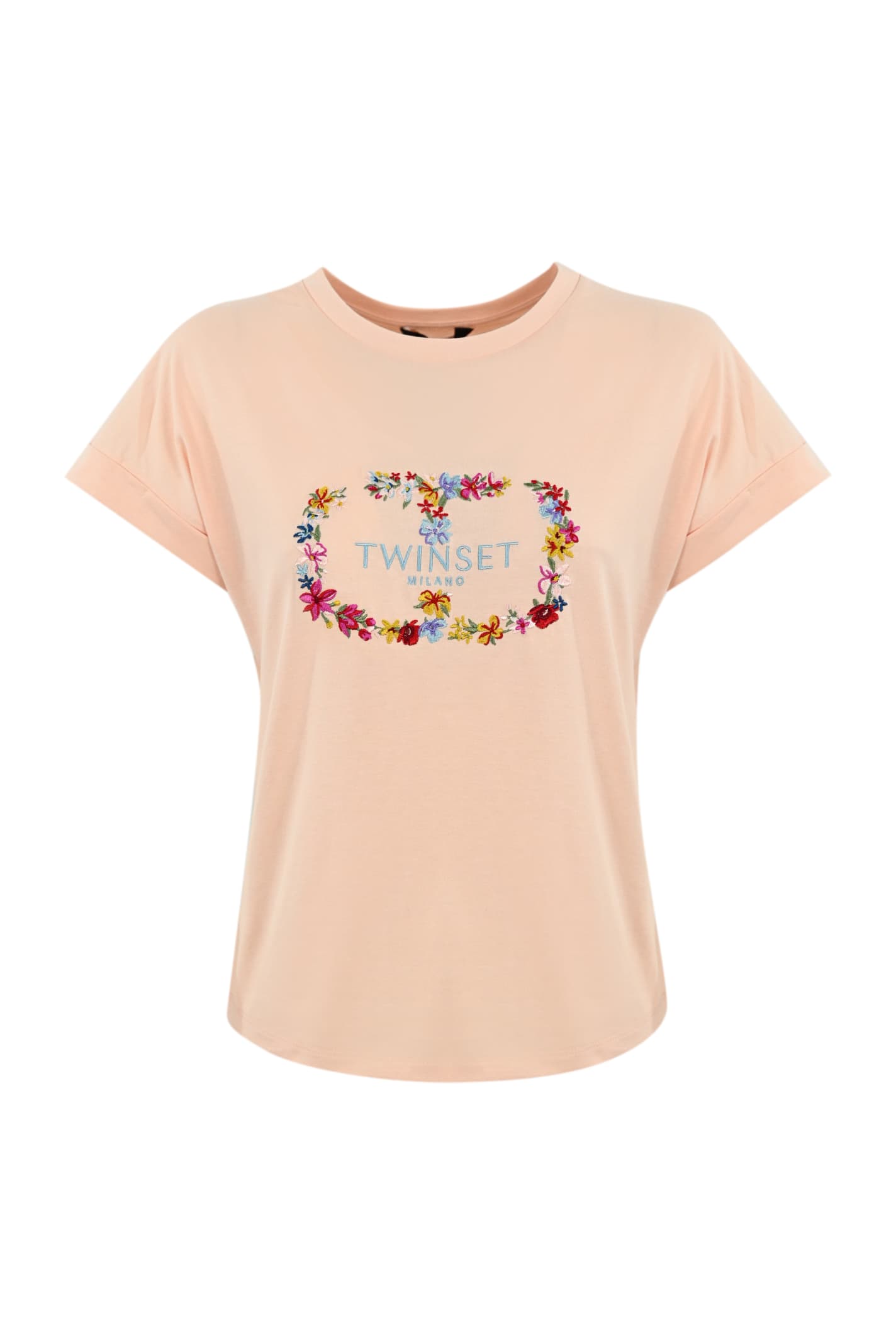 Twinset T-shirt With Floral Embroidery In Pink