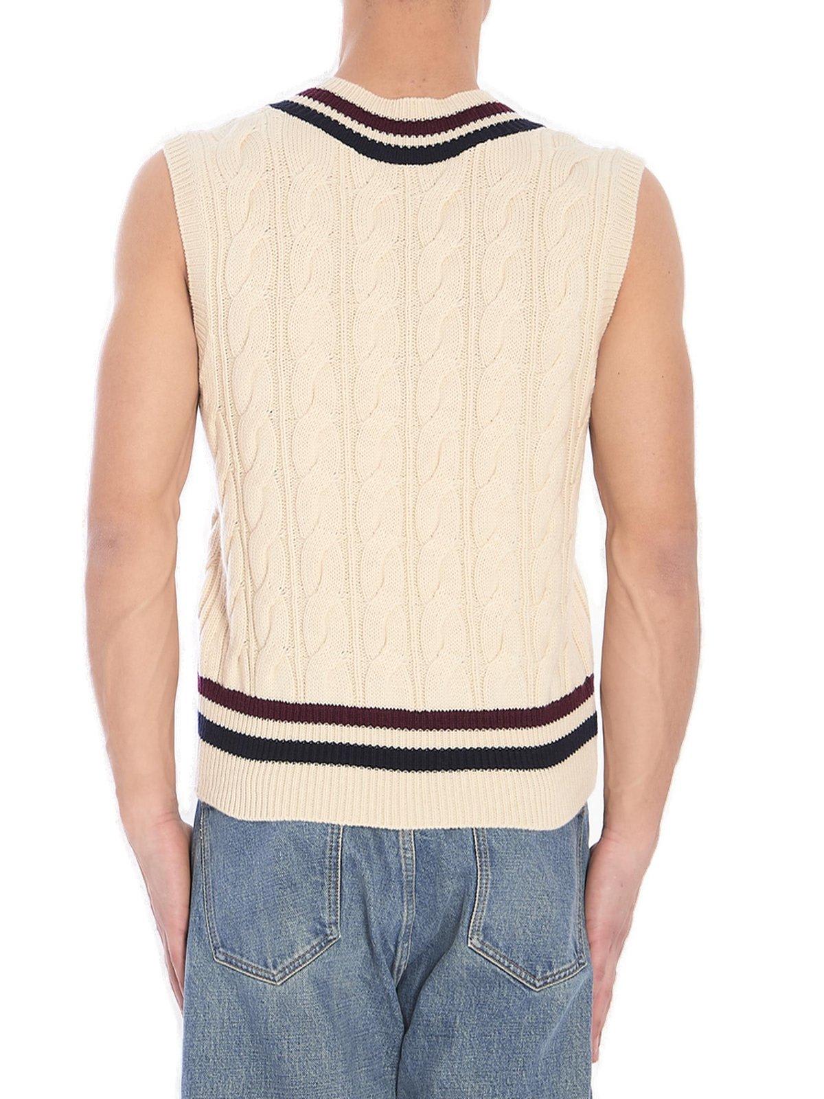 Celine Sleeveless Sweater Vest In Ecru/burgundy/navy