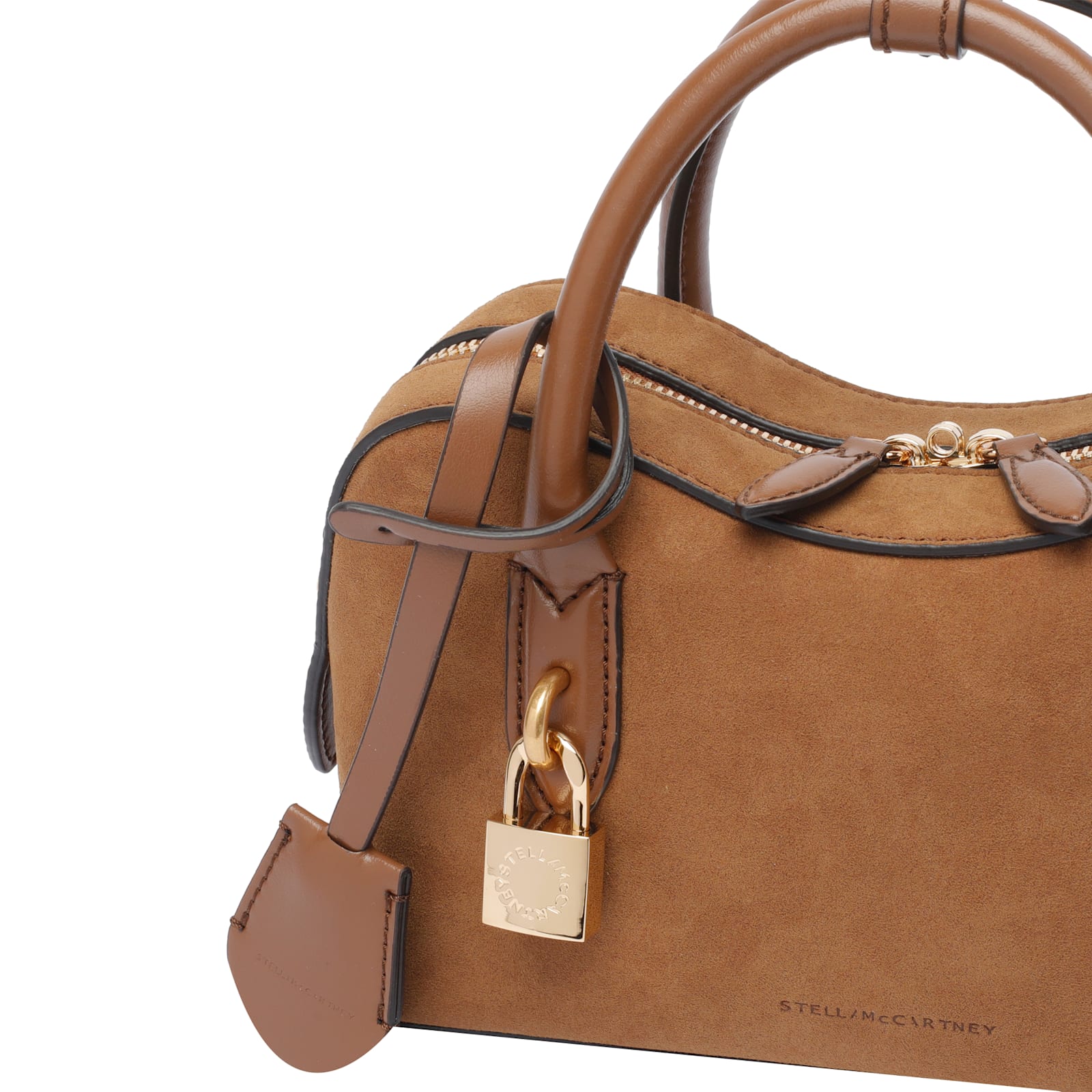 Stella Mccartney Suede Shoulder Bag With Top Handle And Padlock Detail In Neutral