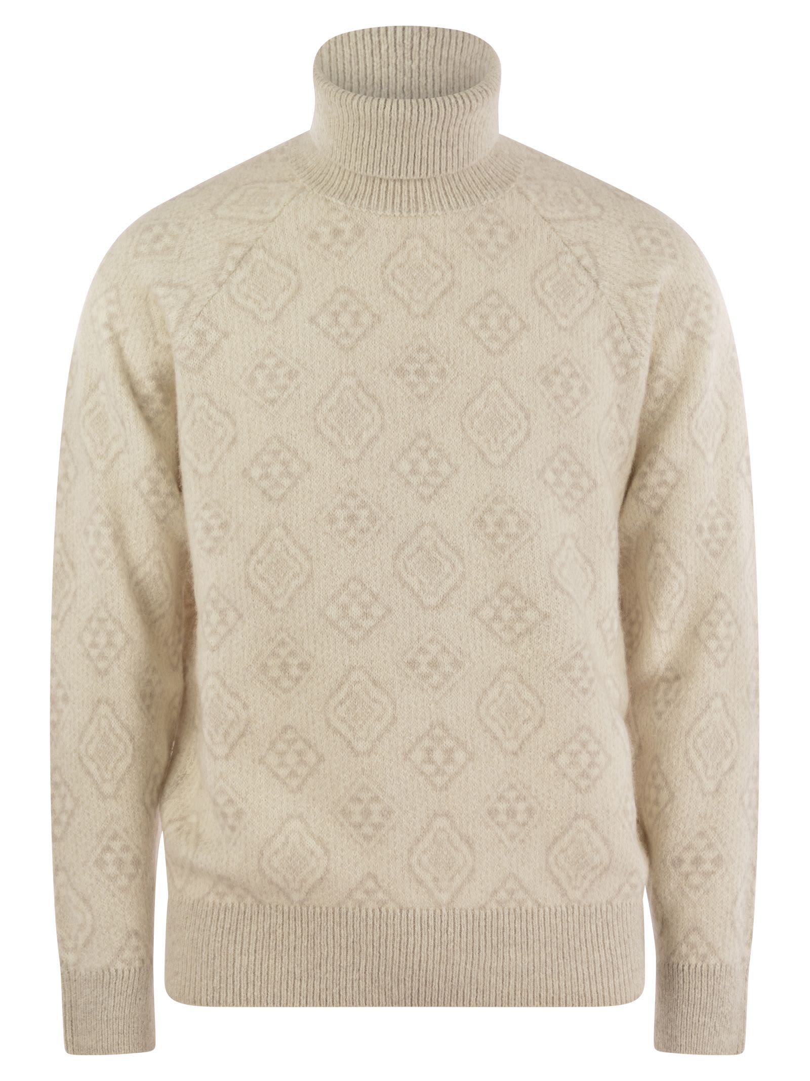 Brunello Cucinelli Geometric Jacquard Turtleneck Sweater In Alpaca, Cotton And Wool In Cream