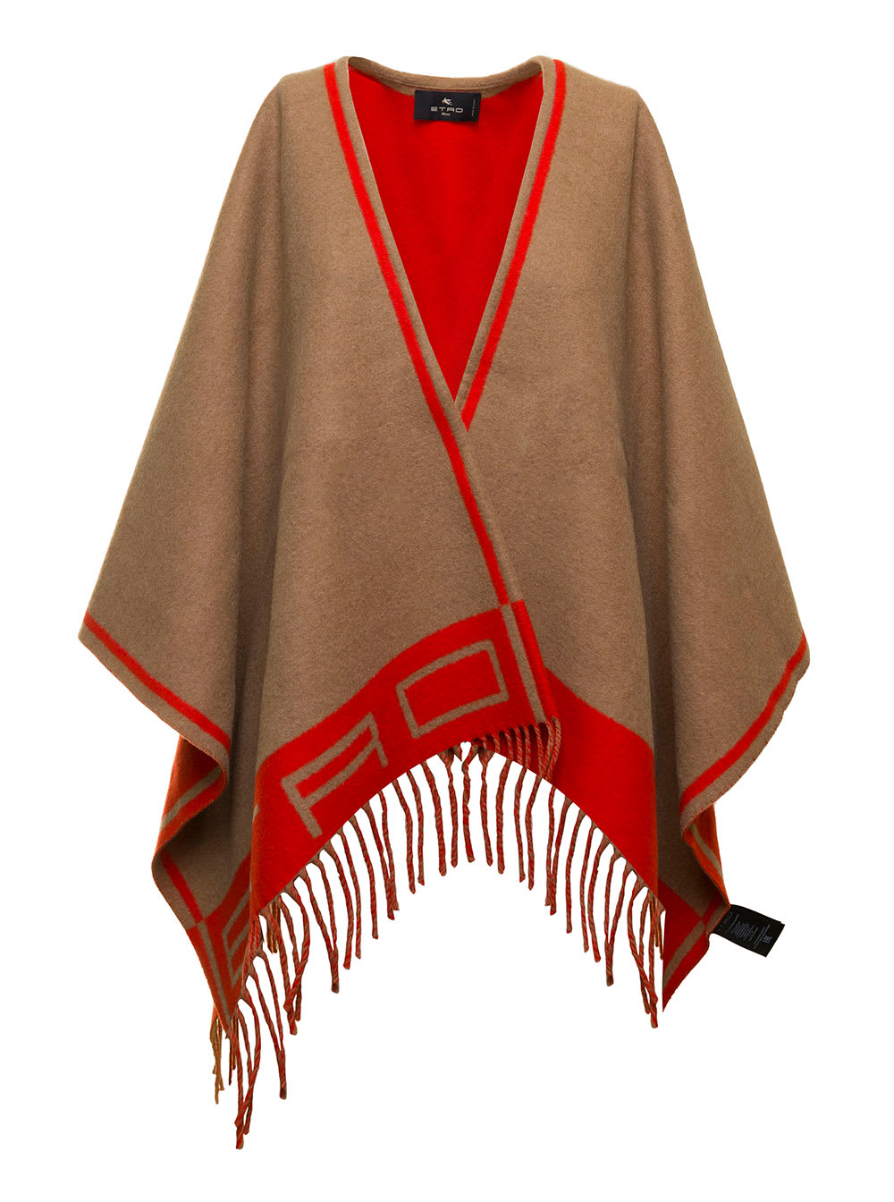 Etro Cape With Double Face Logo In Wool And Cashmere Blend Beige And Orange Woman