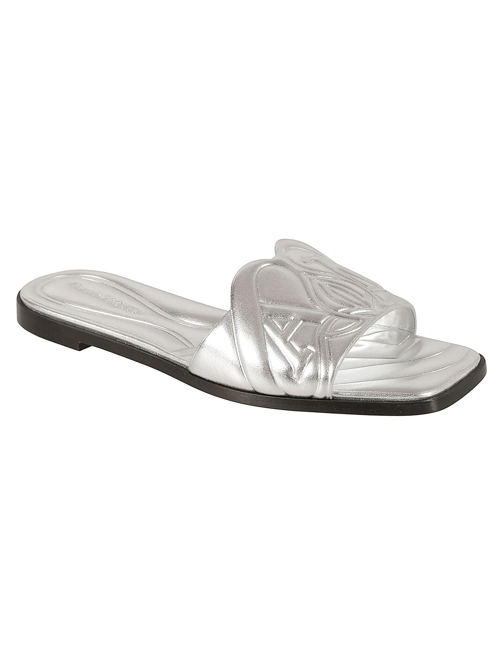 Shop Alexander Mcqueen Metallic Logo Padded Flat Sandals In Silver