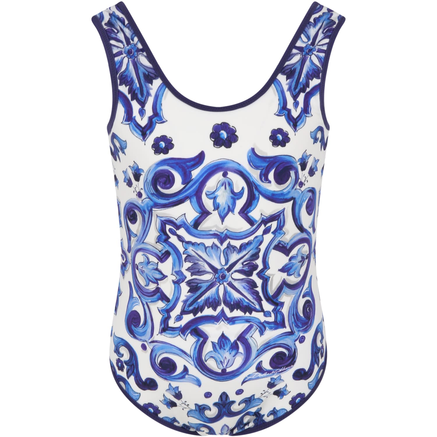 Dolce & Gabbana White Swimsuit For Girl With Majolica Print
