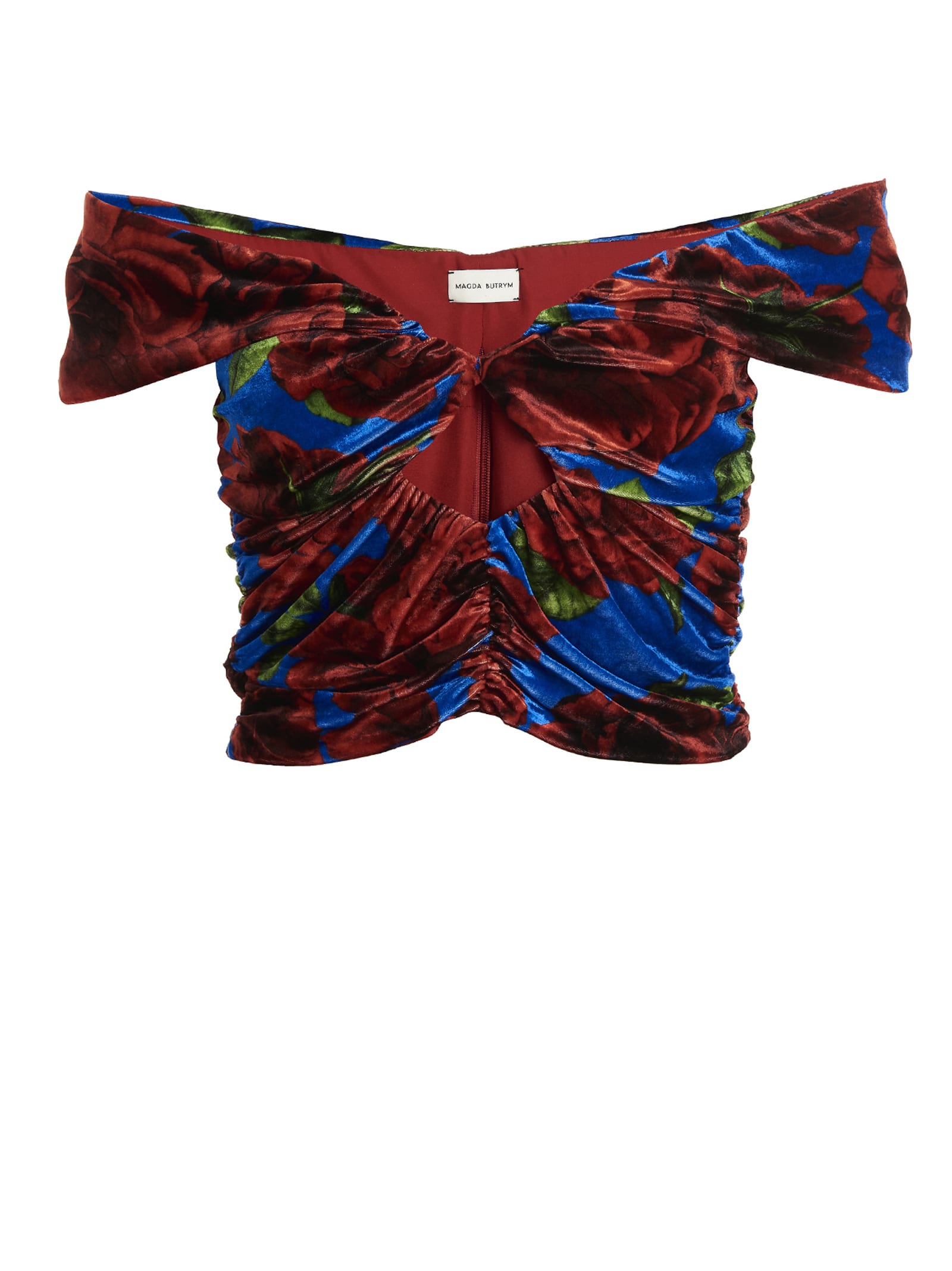 Magda Butrym Off-the-shoulder Cropped Cutout Floral-print Velvet Top In Multicolor