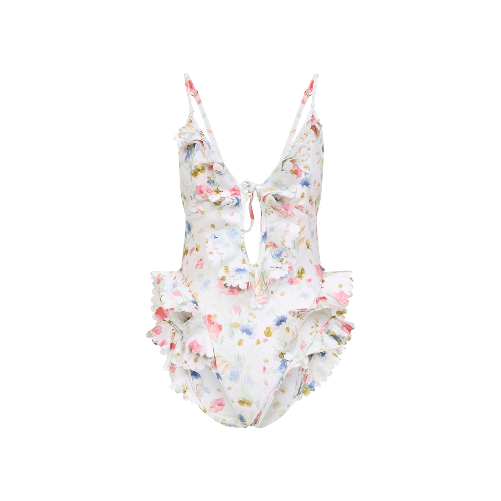 Zimmermann Multicolour Floral Swimsuit With Ruffled Edges And Adjustable Ties In White