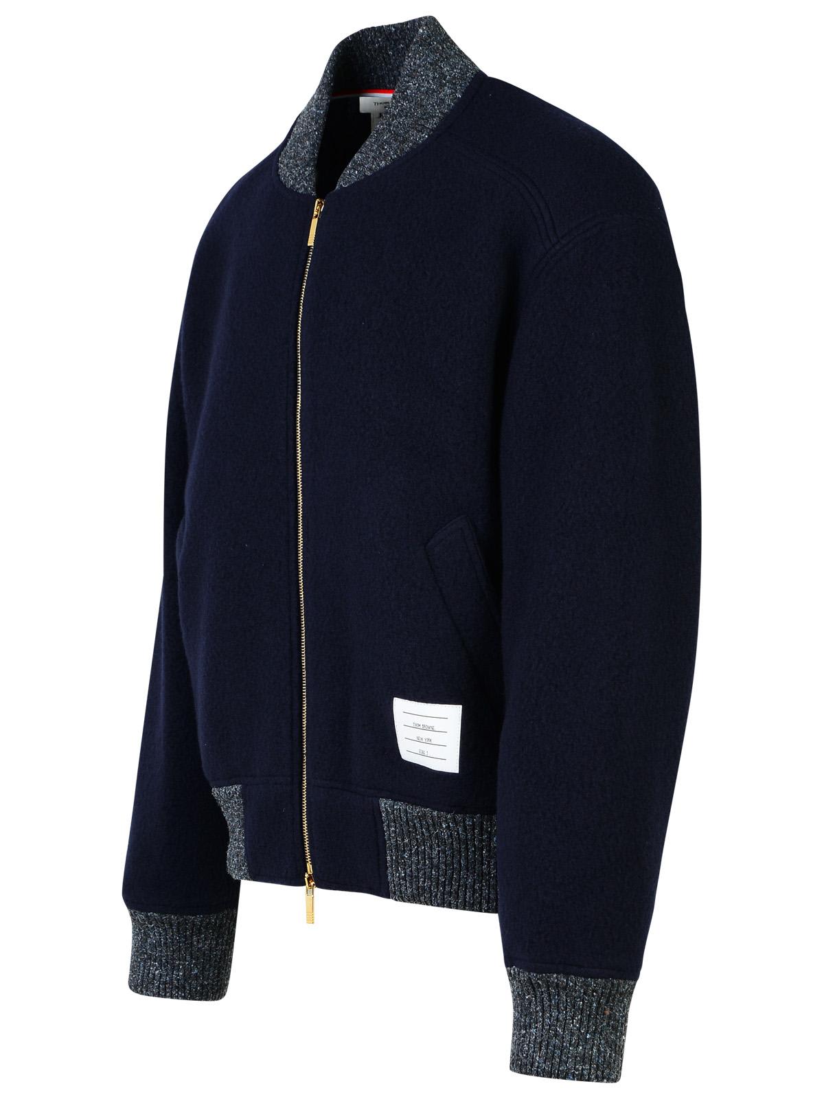 Shop Thom Browne Navy Wool Bomber Jacket