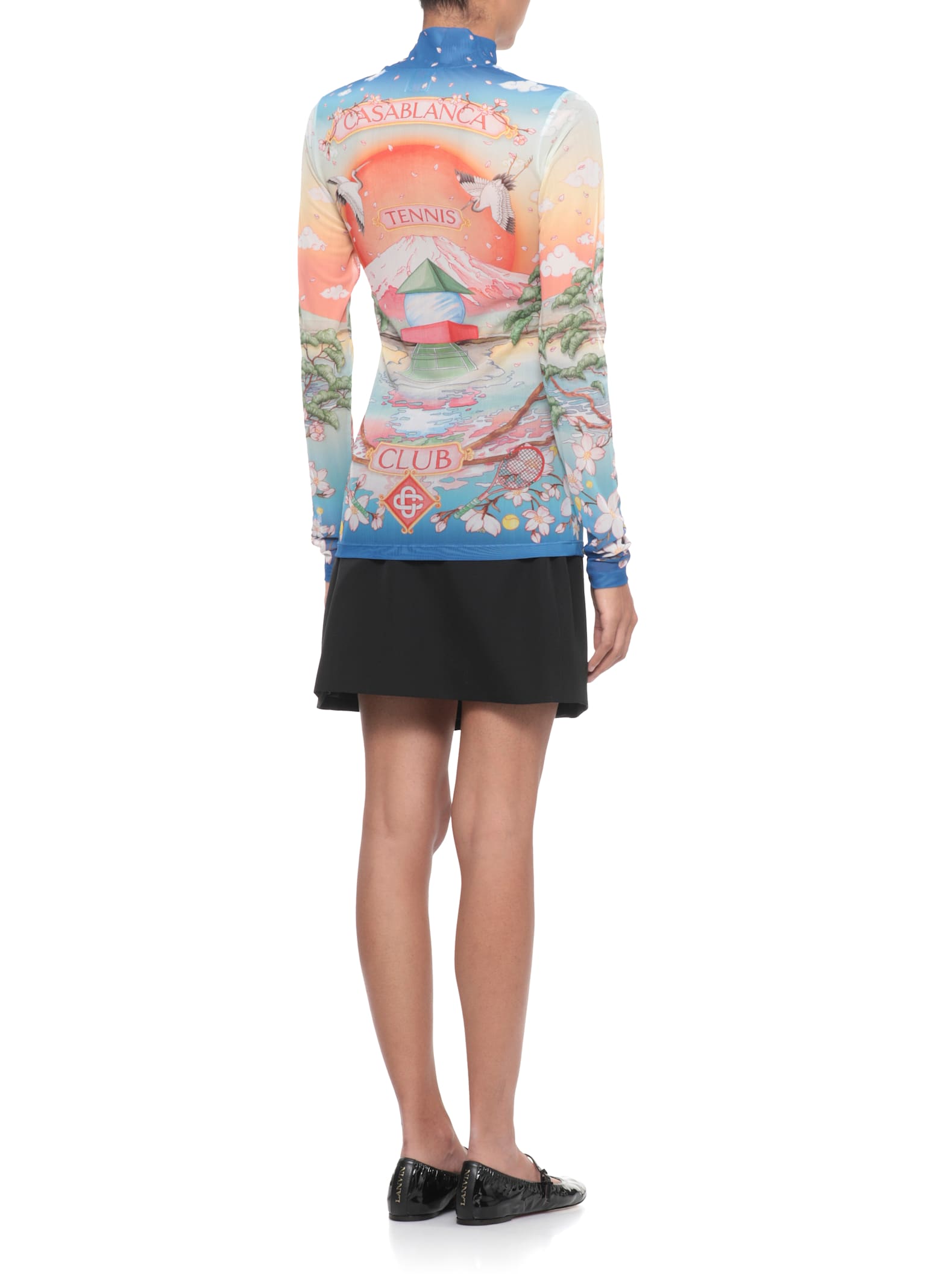Casablanca High Neck Tulle Top With Multicolor Landscape Print In Animal Print