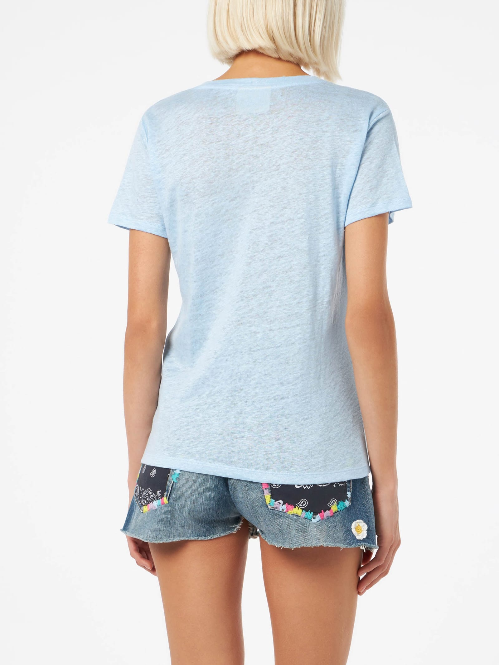 Mc2 Saint Barth Linen Jersey Light Blue V-neck T-shirt Eloise In Sky