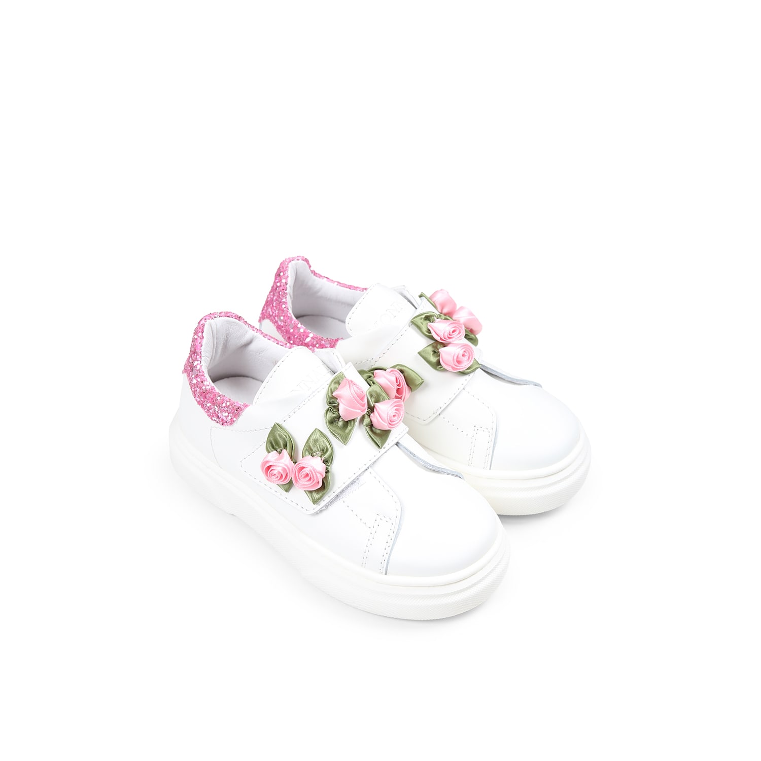 Monnalisa White Sneakers For Baby Girl And Girl With Roses In White