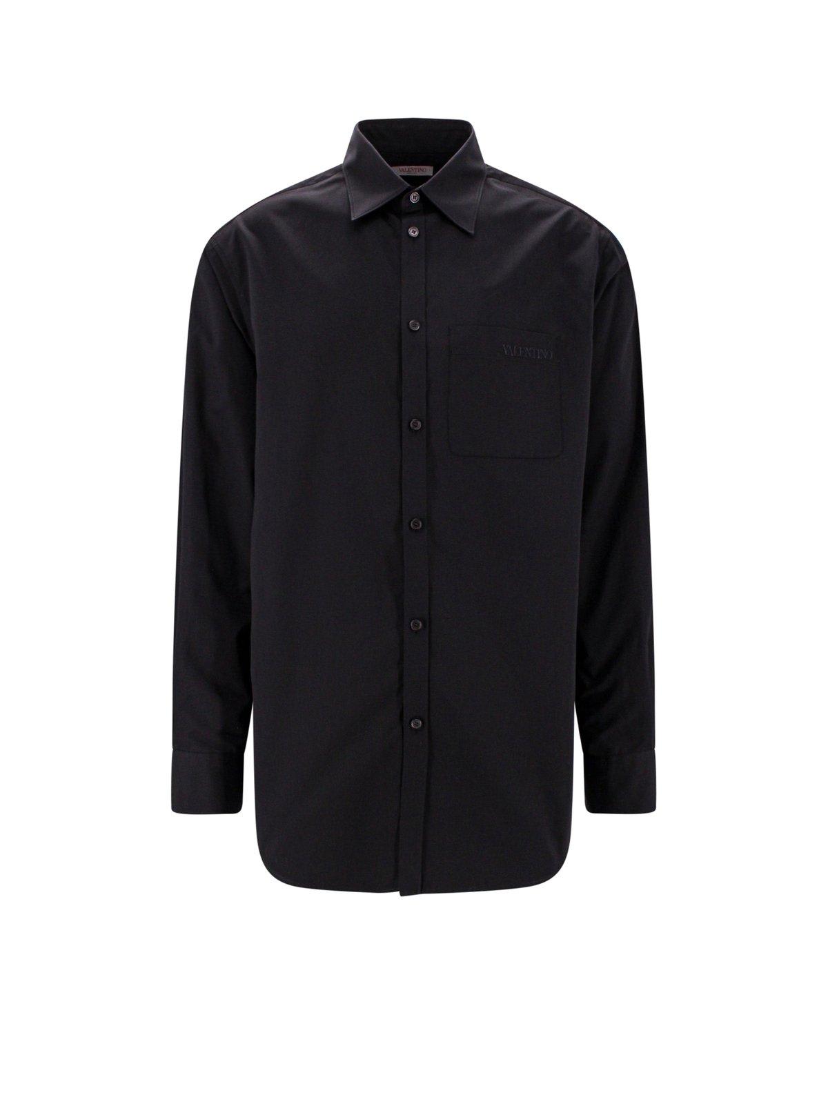 Shop Valentino Logo Embroidered Long-sleeved Shirt In Black