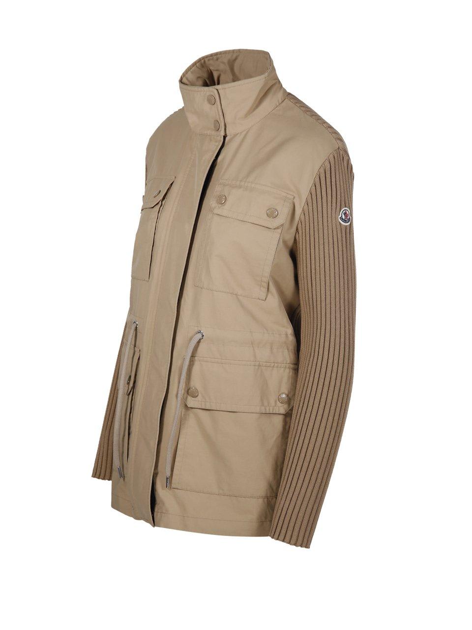 Shop Moncler Knit-panelled Zipped Military Jacket In Beige