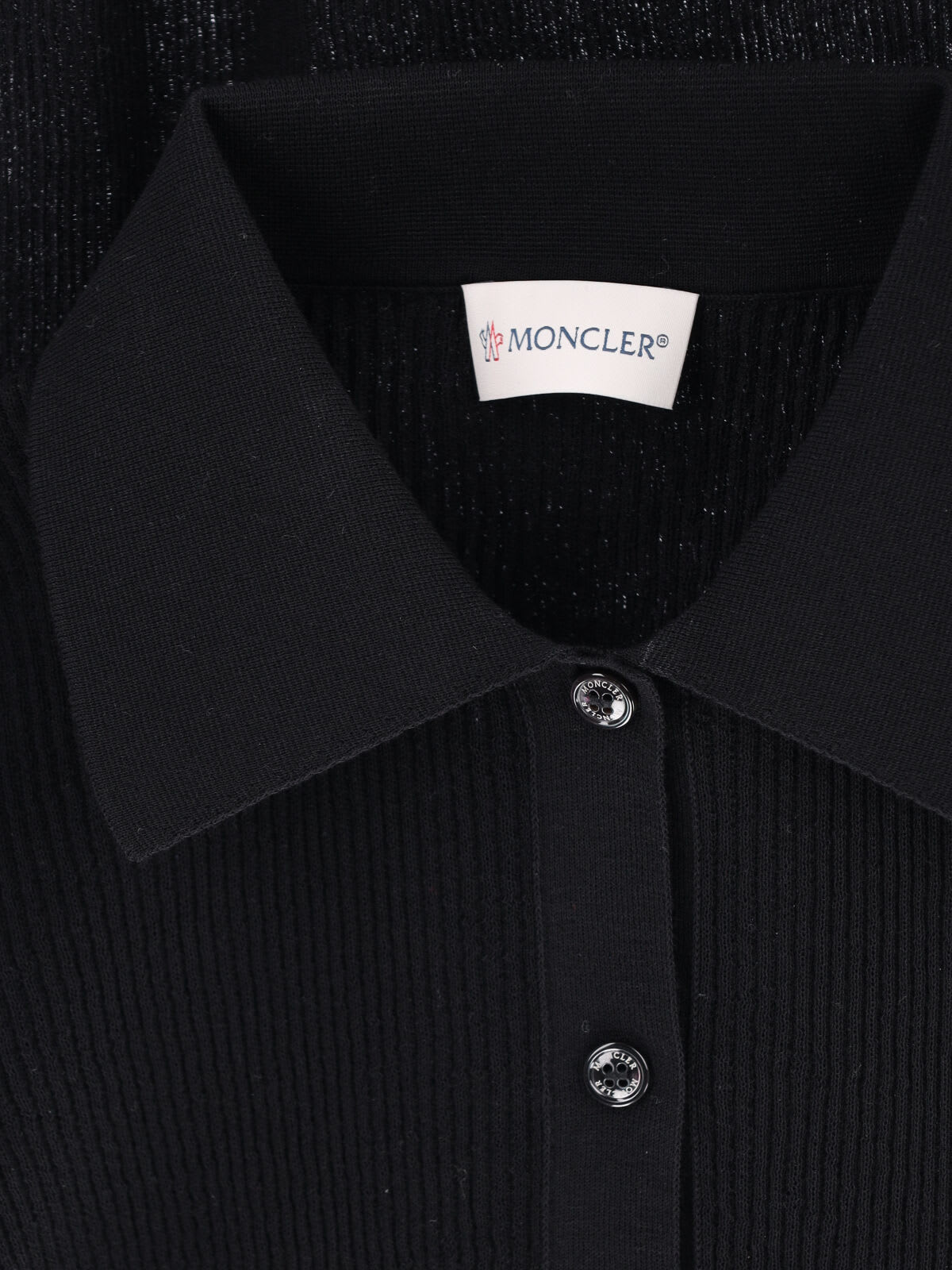 Moncler Sheer Ribbed Cotton Long-sleeve Polo In Black