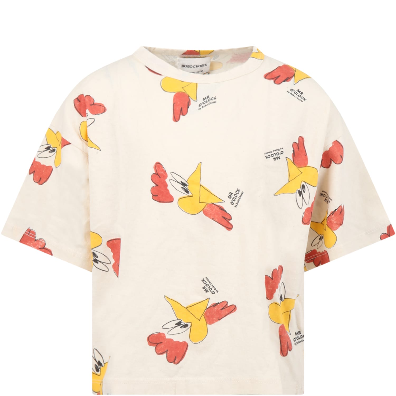 Bobo Choses Beige T-shirt For Kids With Rooster And Logo