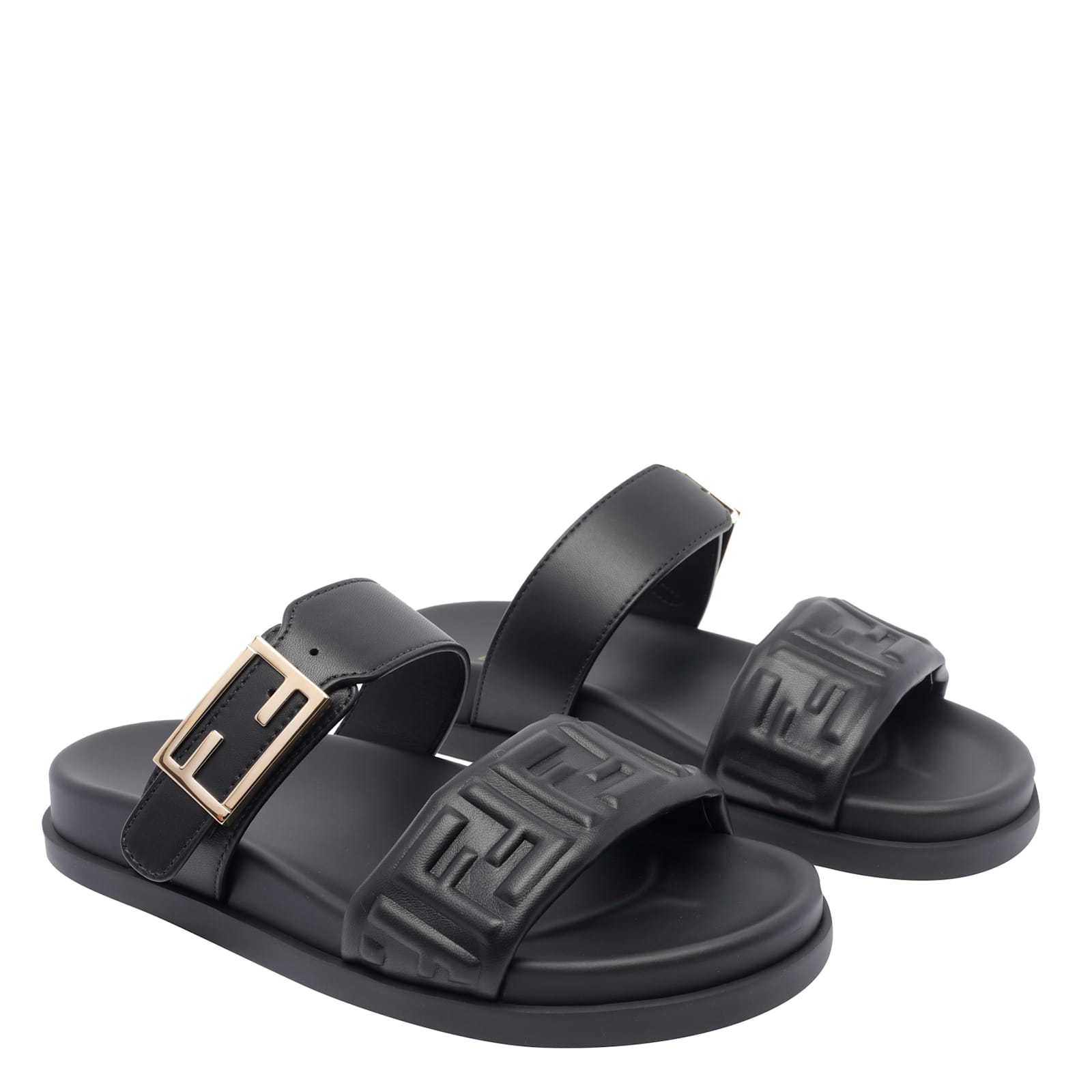 Fendi Nappa Leather Feel Double-band Slides Shoes In Black