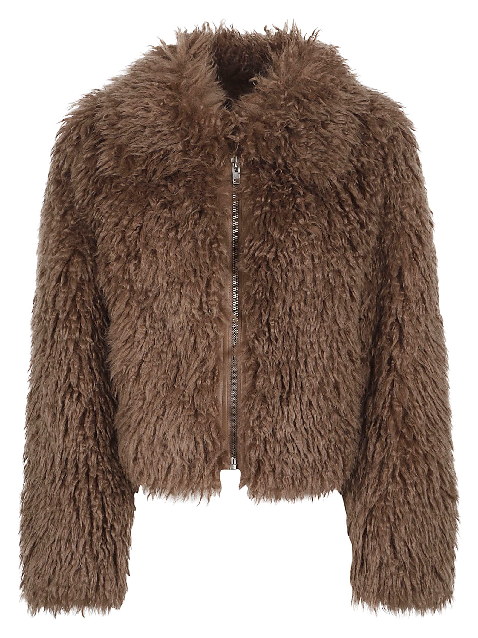 Stand Studio Plush Cropped Jacket With Rounded Collar In Brown