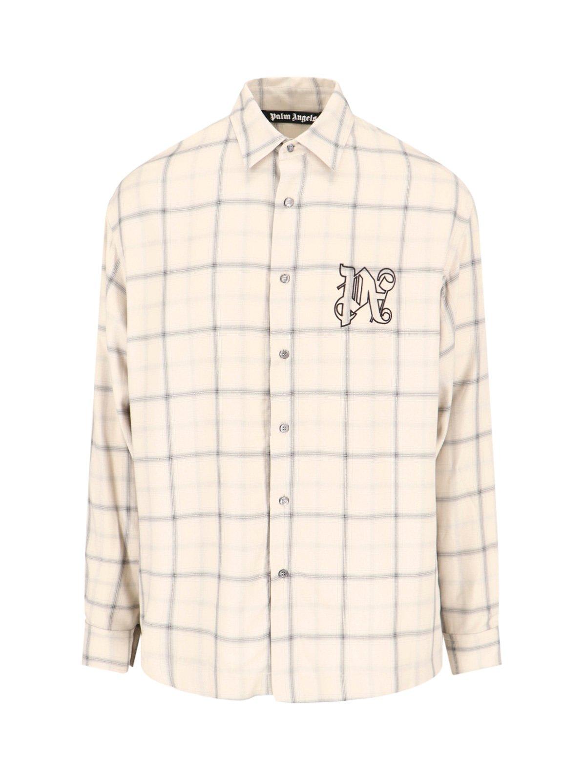 Shop Palm Angels Logo Embroidered Checked Long-sleeved Shirt In Beige