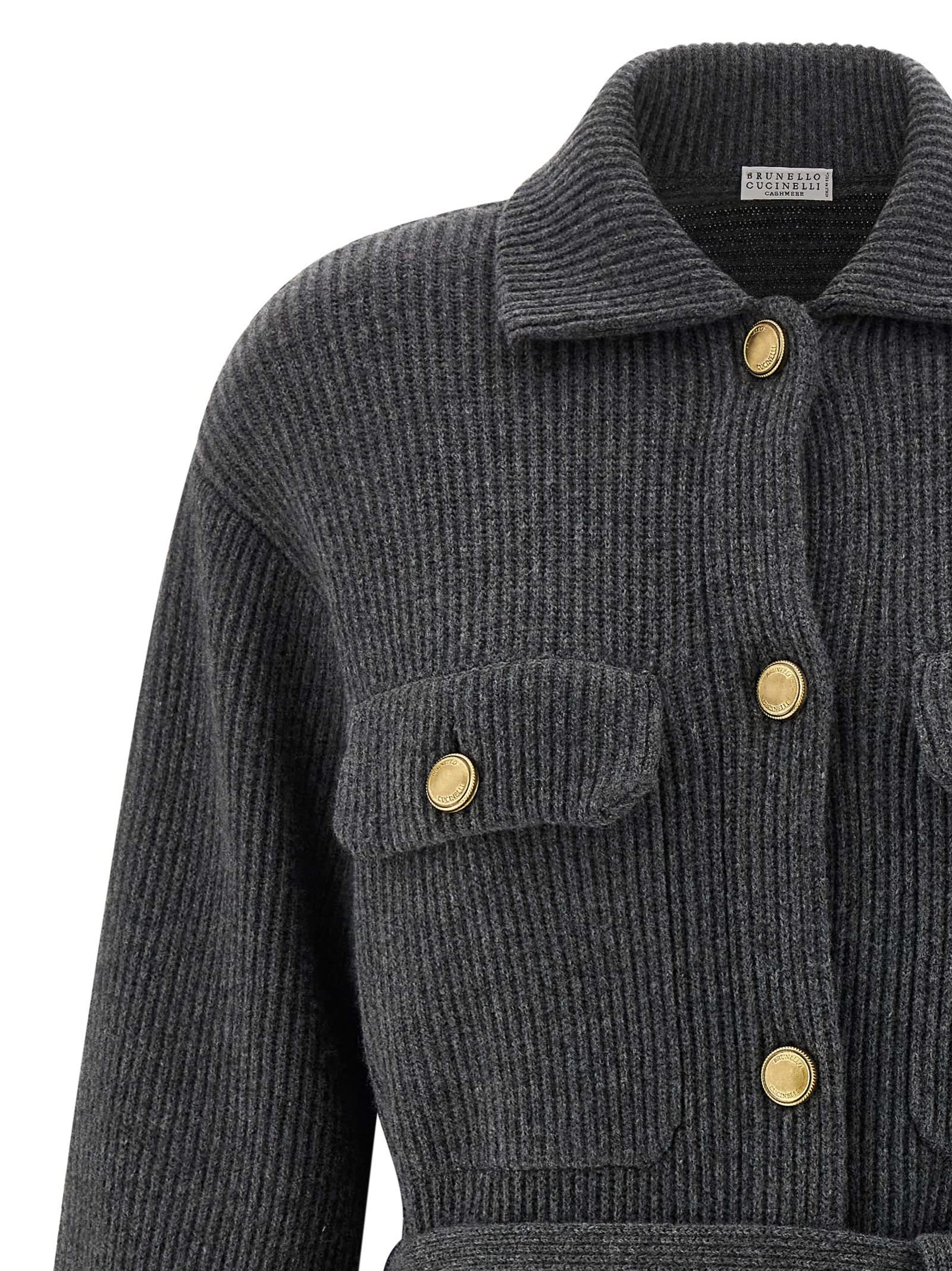 Brunello Cucinelli English Ribbed Cardigan In Gray