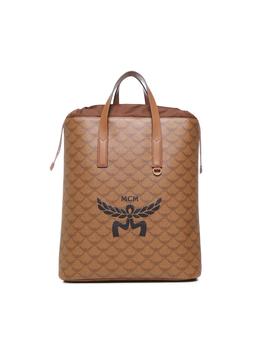 Shop Mcm Himmel Lauretos Backpack With Drawstring Closure And Natural Nappa Leather Finishes In Brown