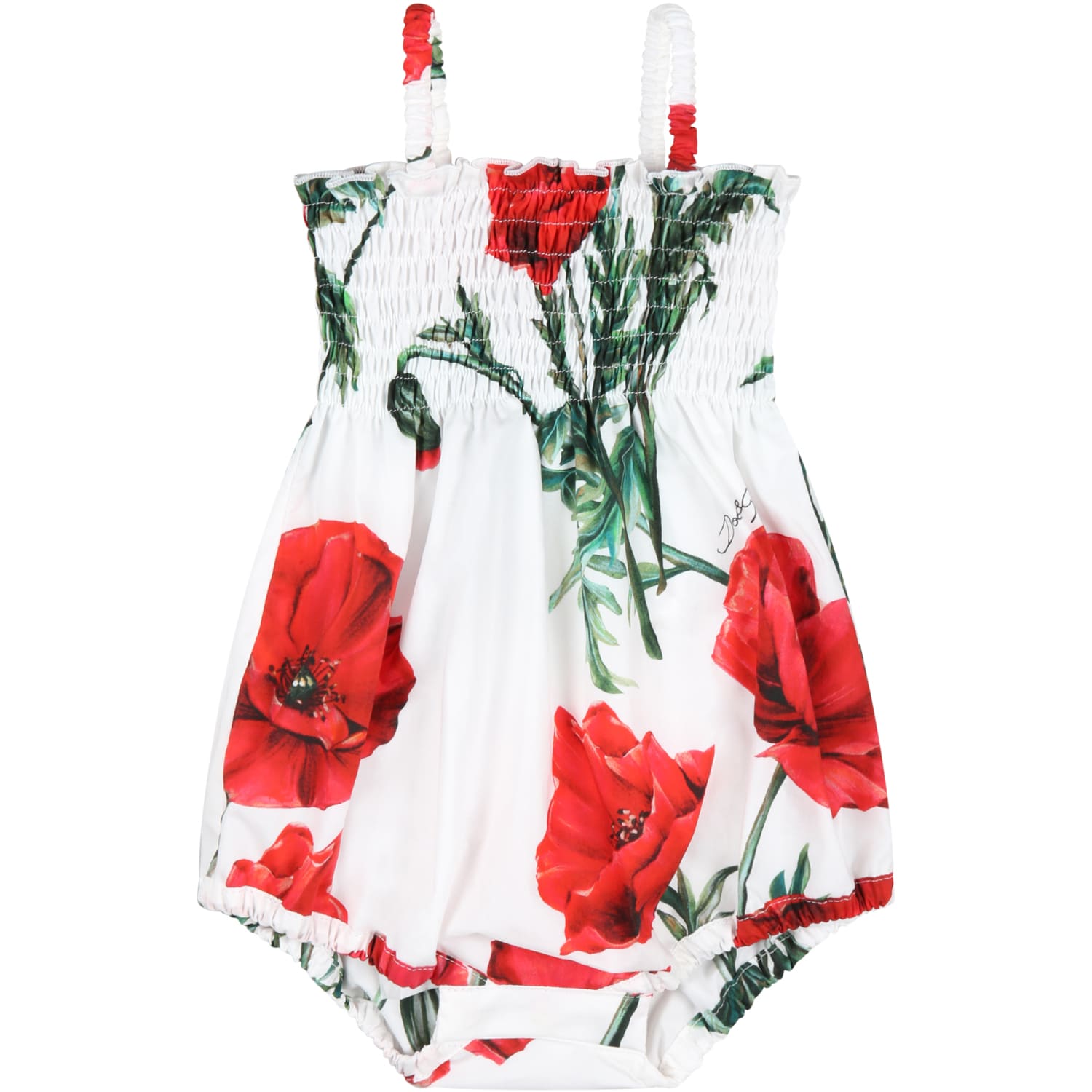 Dolce & Gabbana Kids' White Romper For Baby Girl With Poppies