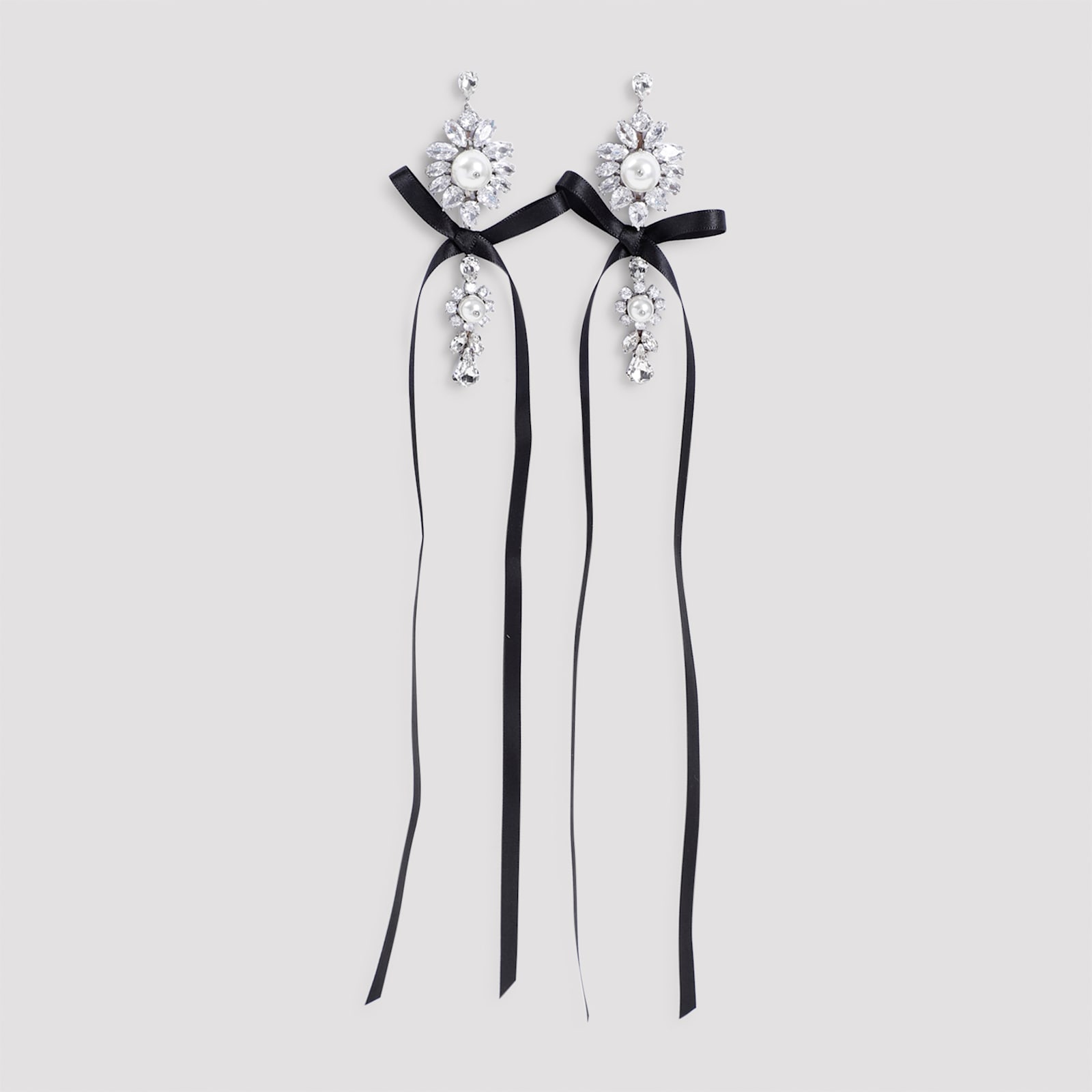 Shop Simone Rocha Long Crystal Crest Bow Earrings In Silver/black