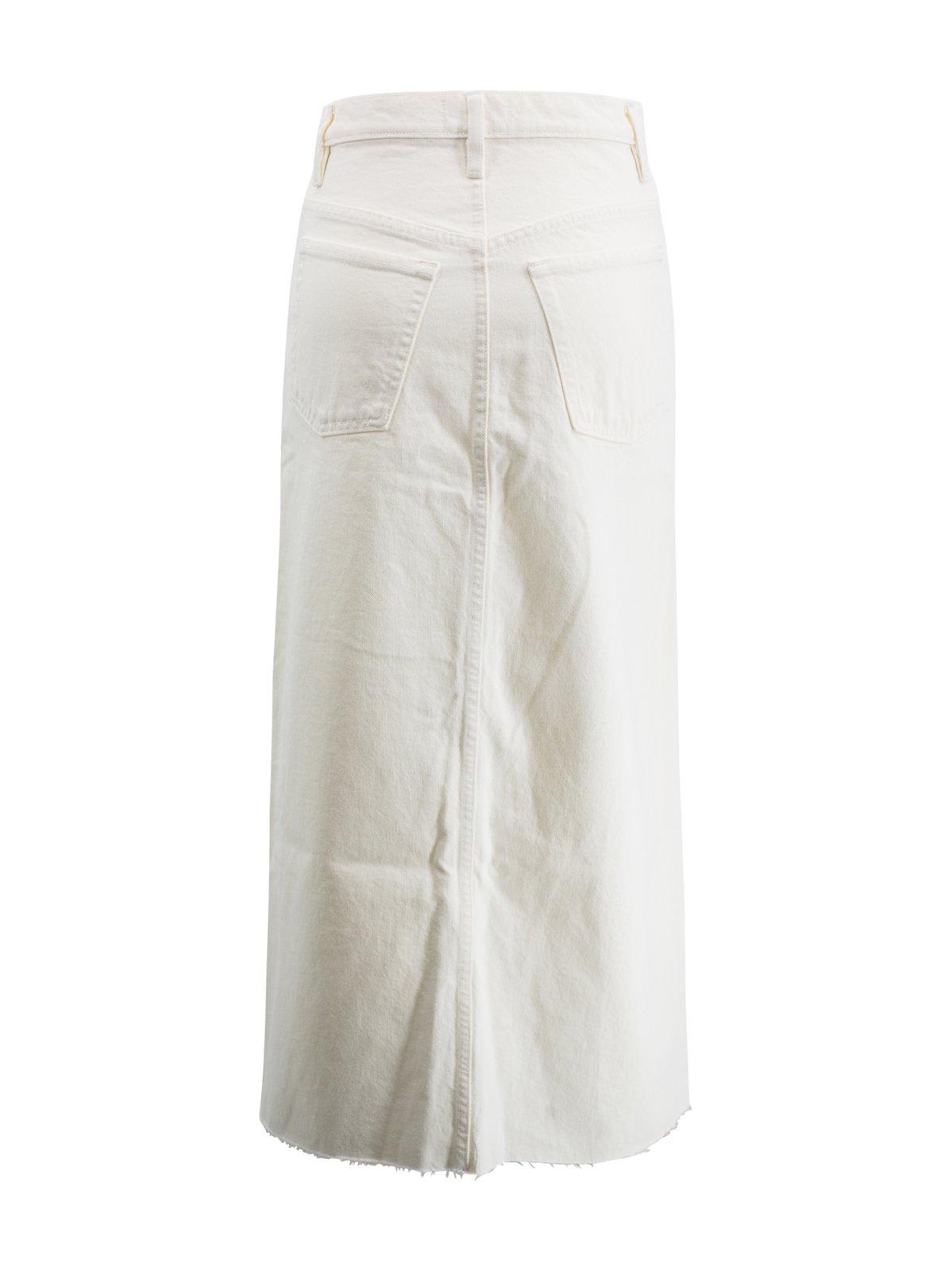 Shop Frame The Midaxi Frayed Edge Denim Midi Skirt In Cream