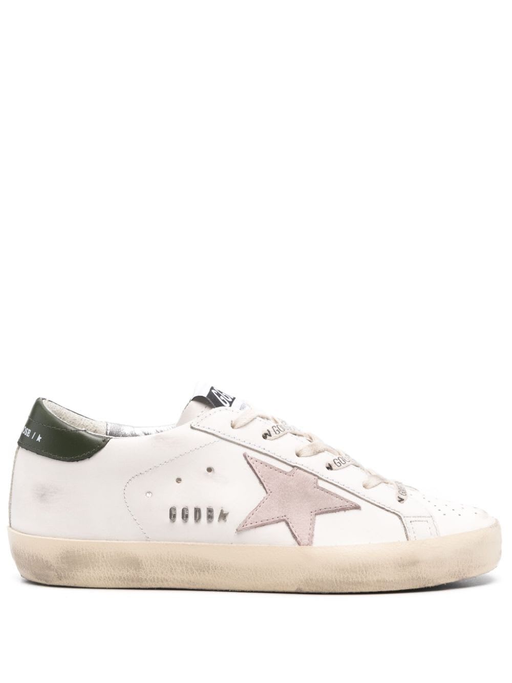 Shop Golden Goose Super Star Leather Upper Star And Heel Metal Lettering In White Light Pink Dark Green