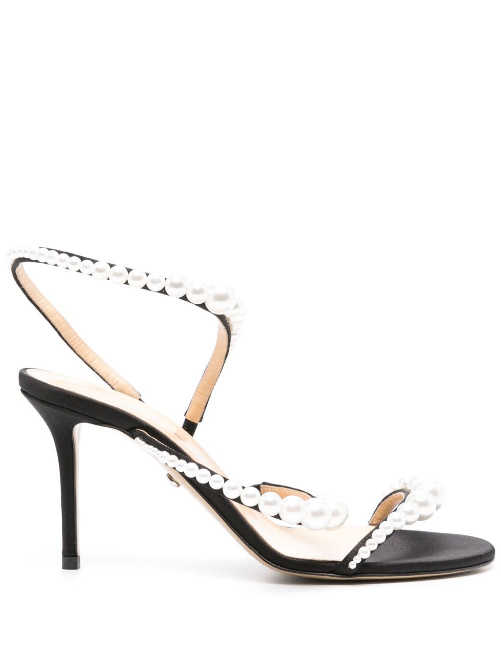 Shop Mach &amp; Mach Sirene Satin Round Toe Pearl Sandals In Black